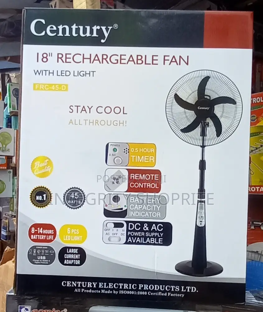 Century 18" Rechargeable Fan+Remote+LED Light BLACK/RED