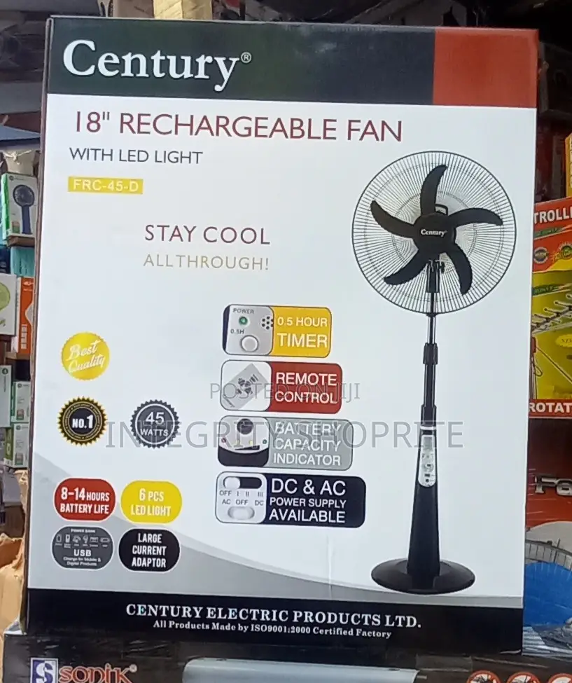 Century 18" Rechargeable Fan+Remote+LED Light BLACK/RED