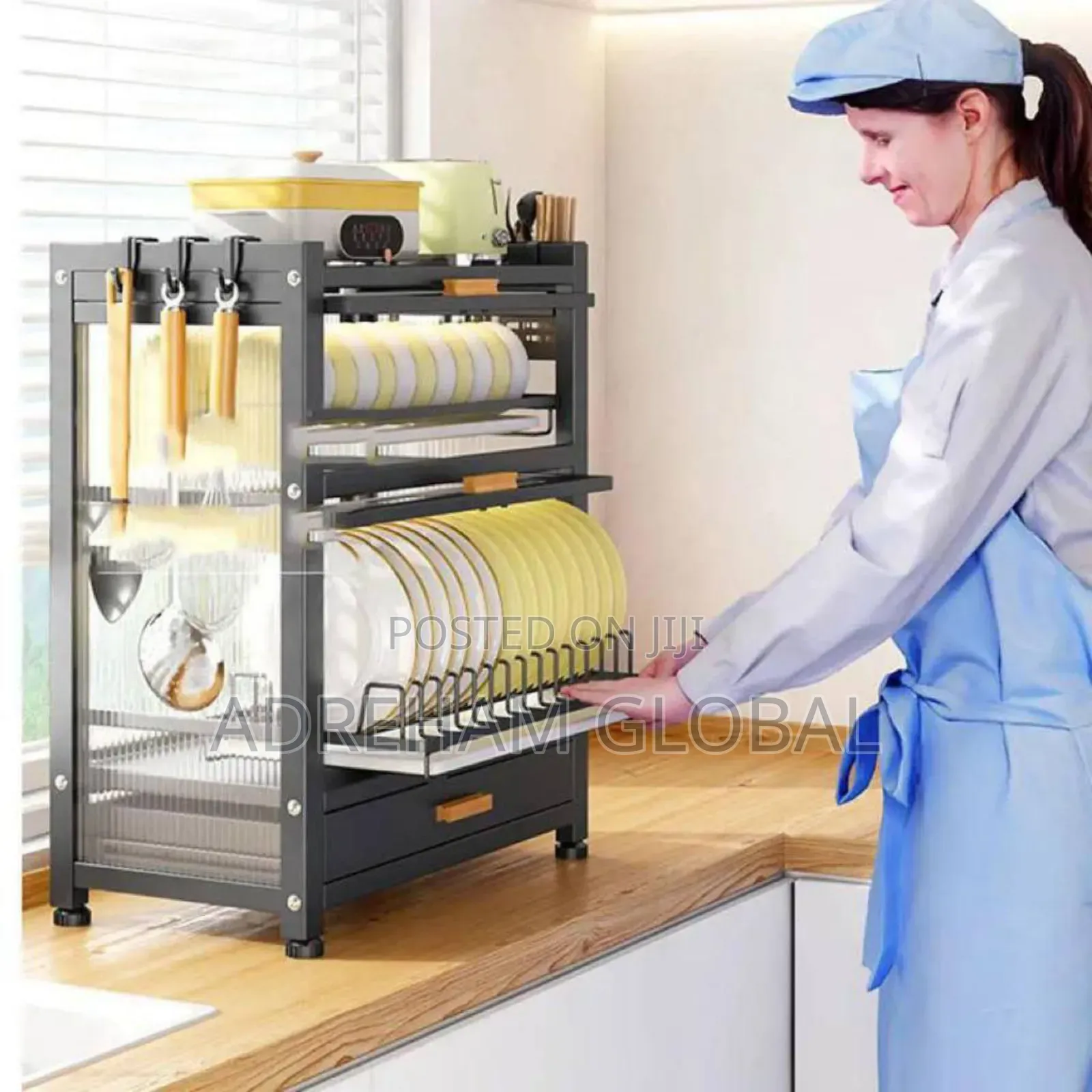 Iron Double Layer Dish Rack With Glass and Drawer 