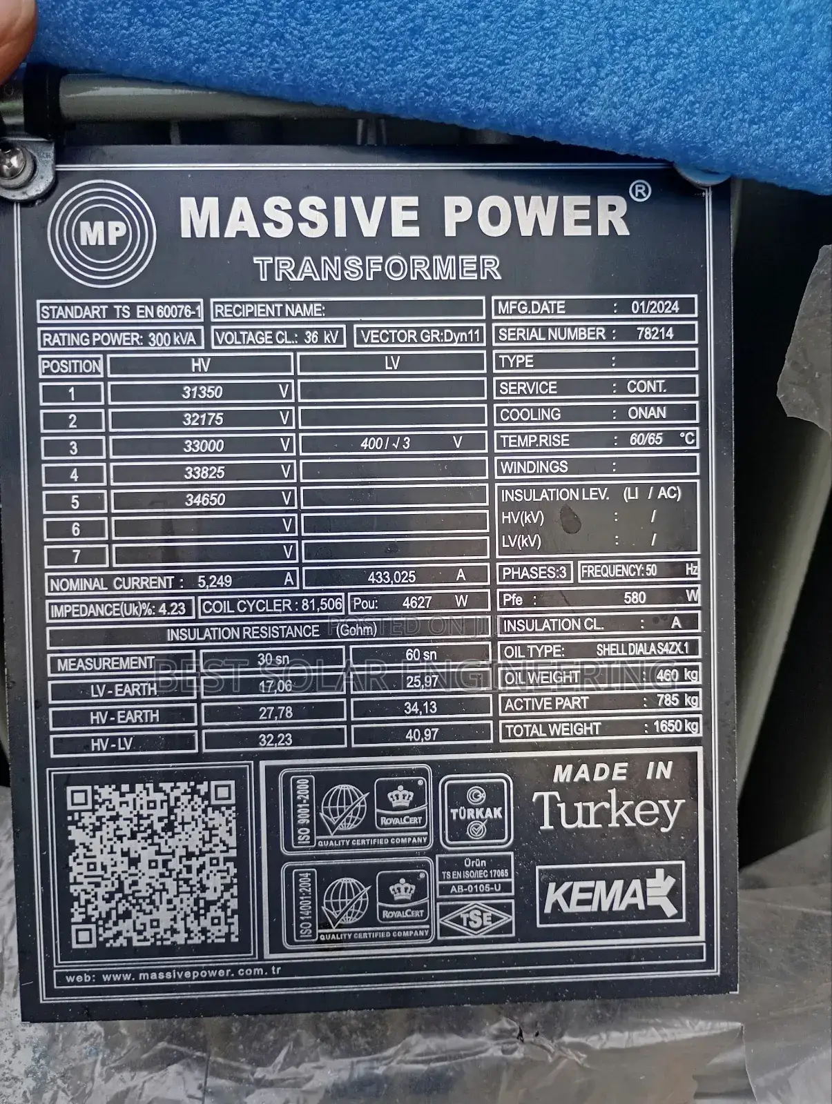 300kva 33kv/0.400kv Massive Power Transformer