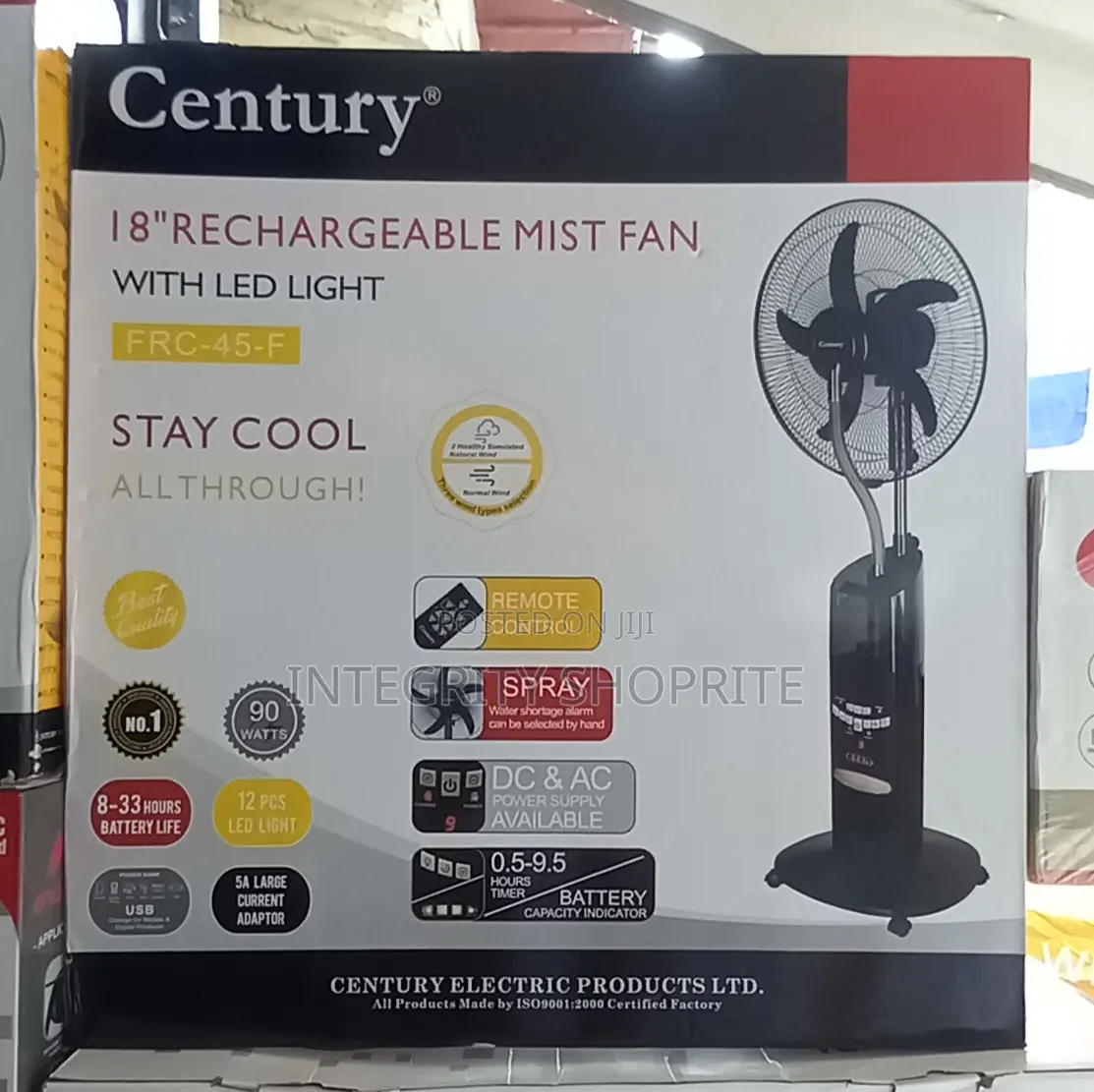 Century 18" Rechargeable Mist (Water) Fan - USB Solar Ports