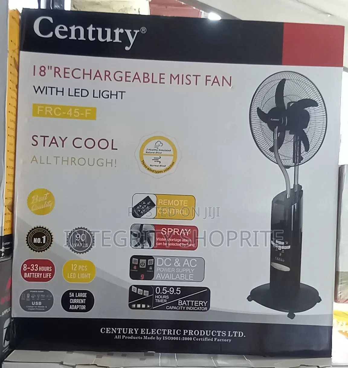 Century 18" Rechargeable Mist (Water) Fan - USB Solar Ports