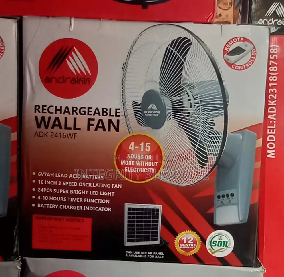 Andrakk Rechargeable Wall Fan With Solar Port