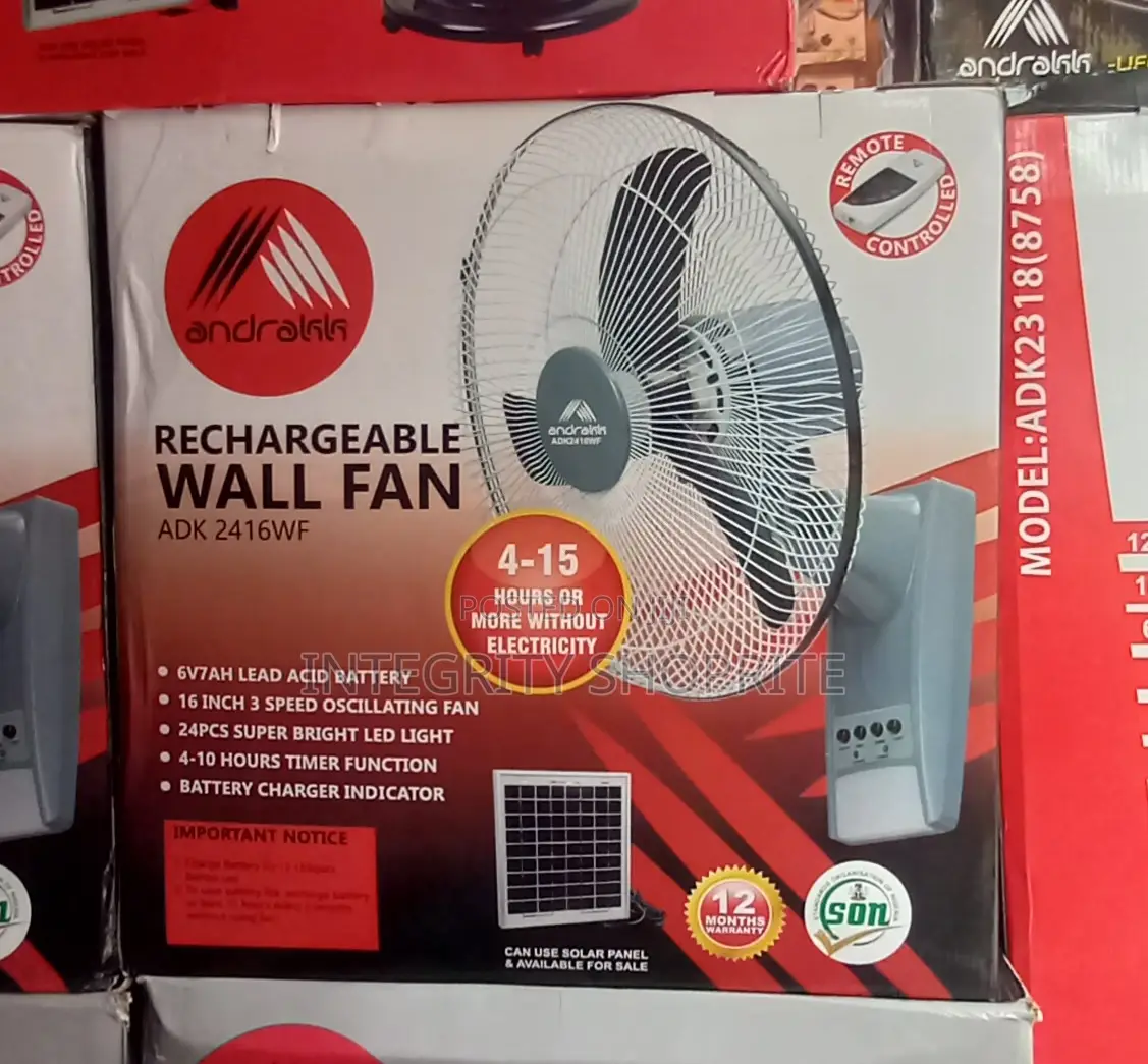 Andrakk Rechargeable Wall Fan With Solar Port