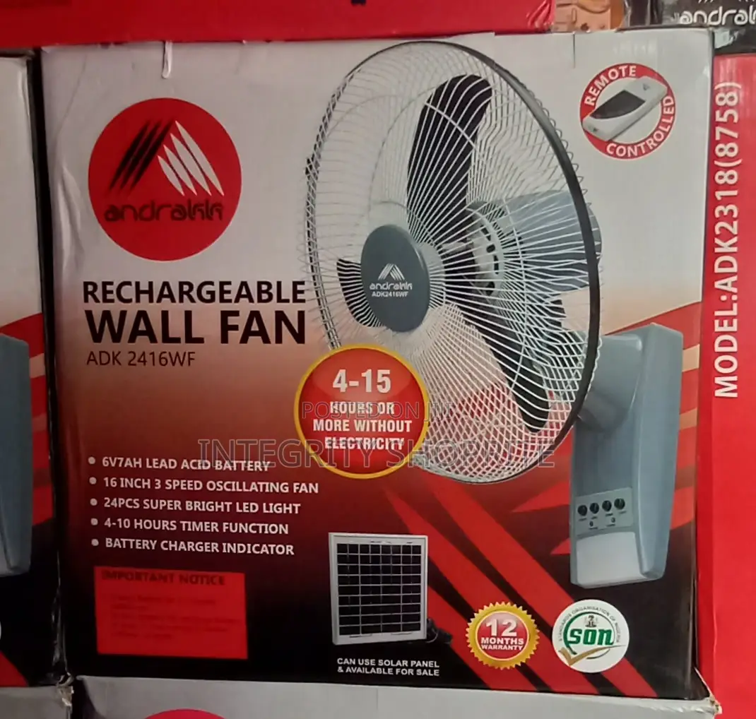 Andrakk Rechargeable Wall Fan With Solar Port