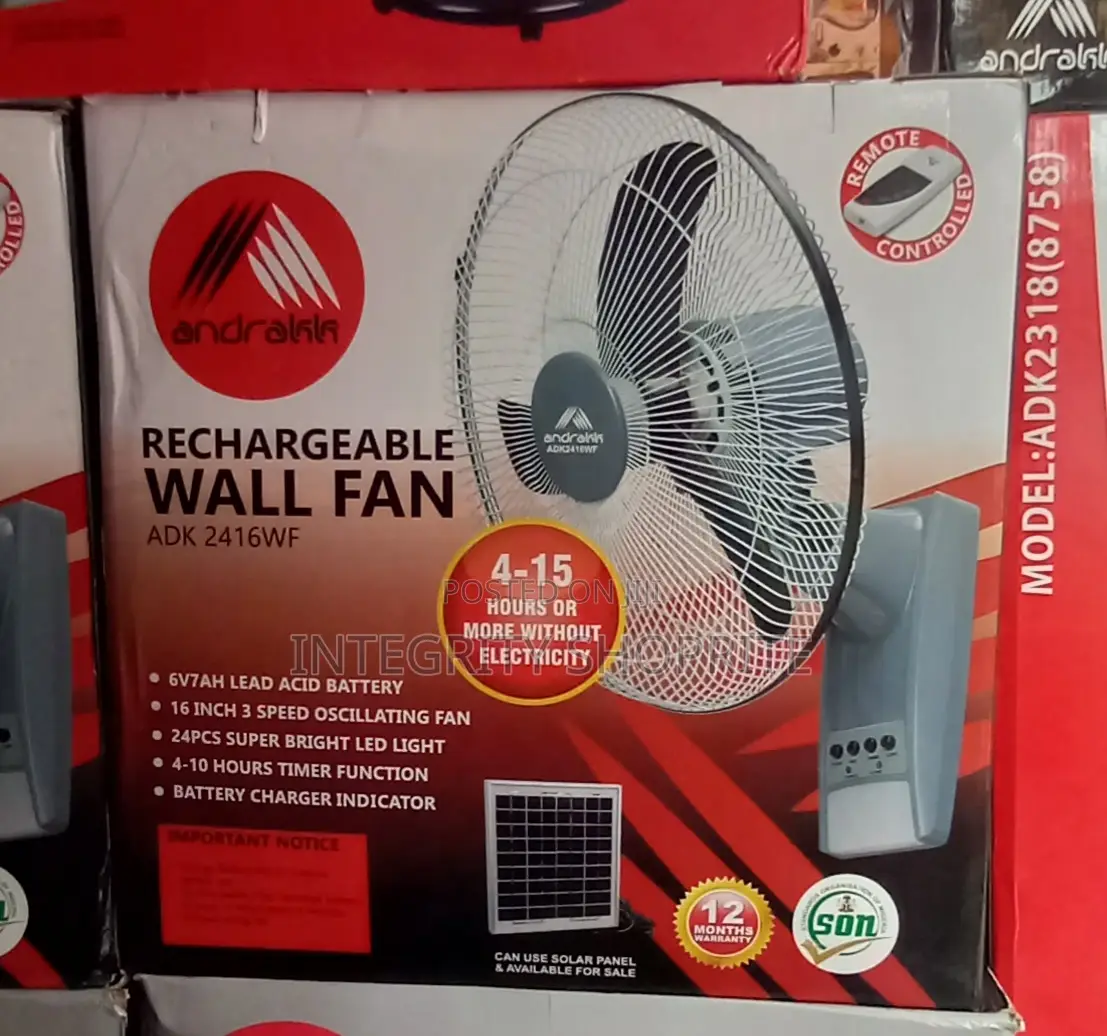 Andrakk Rechargeable Wall Fan With Solar Port