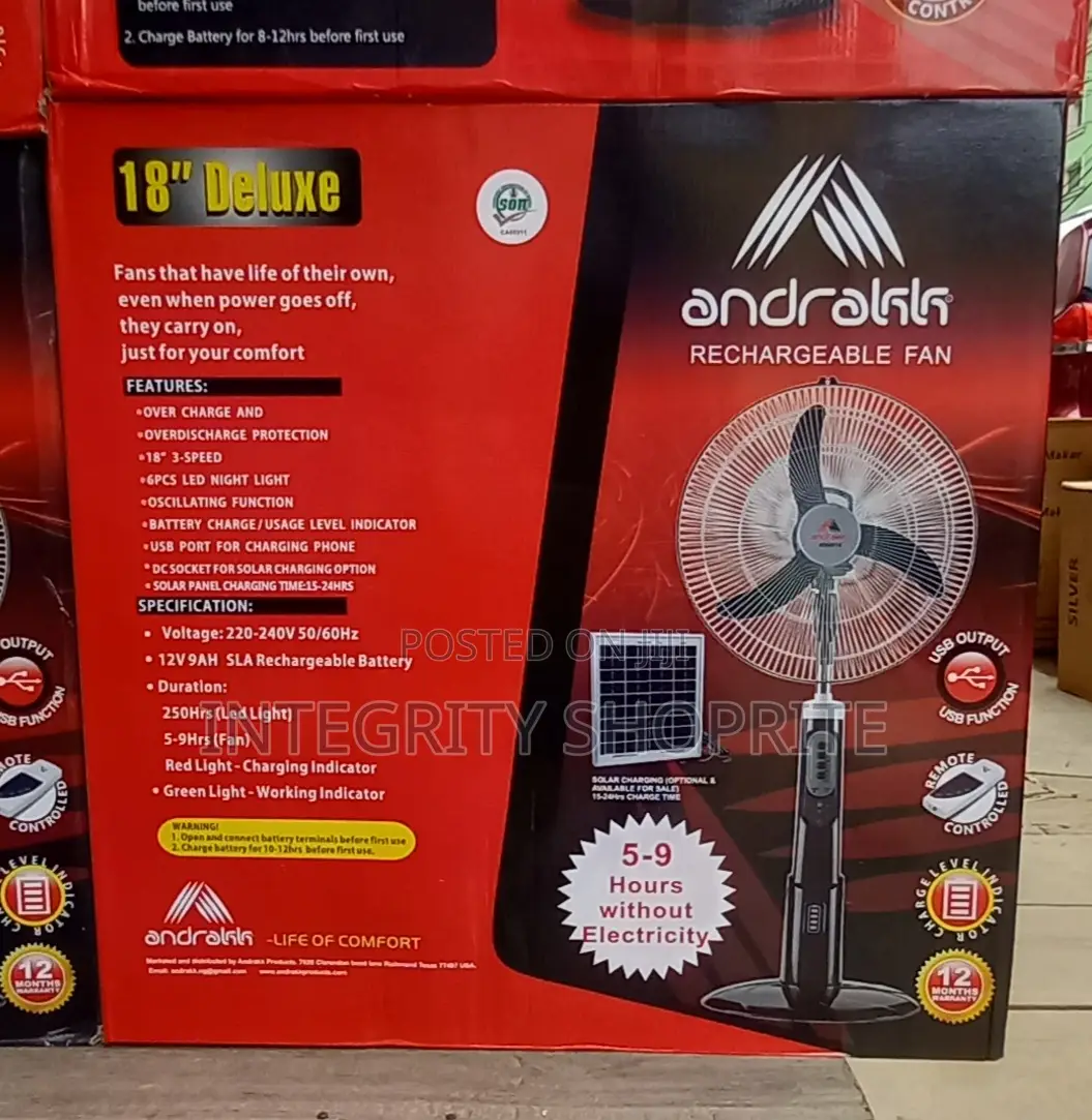 Andrakk 18" Rechargeable Deluxe Standing Fan