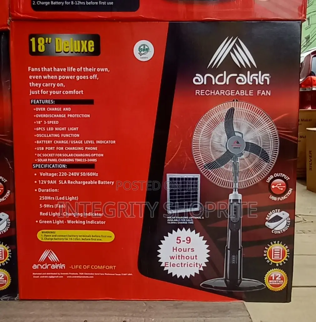 Andrakk 18" Rechargeable Deluxe Standing Fan