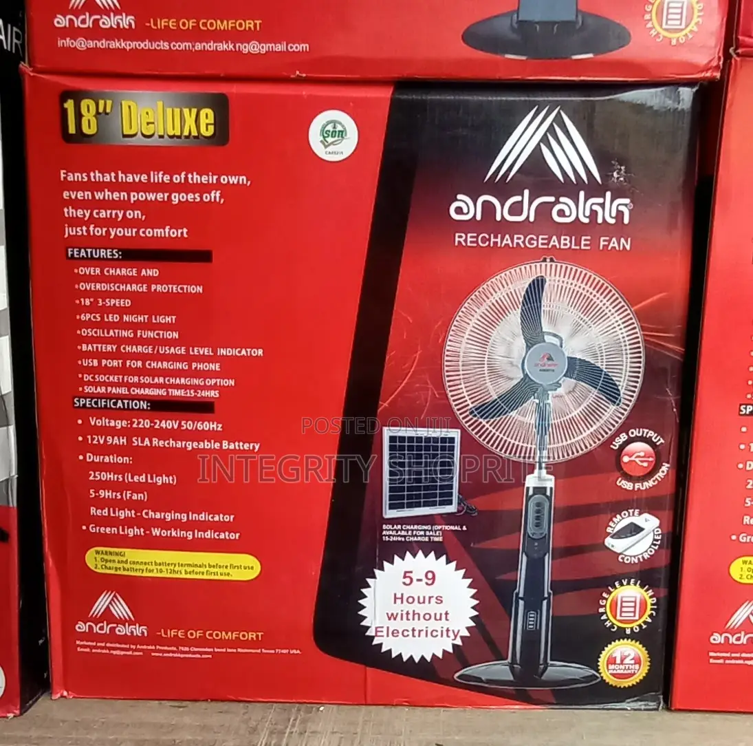 Andrakk 18" Rechargeable Deluxe Standing Fan