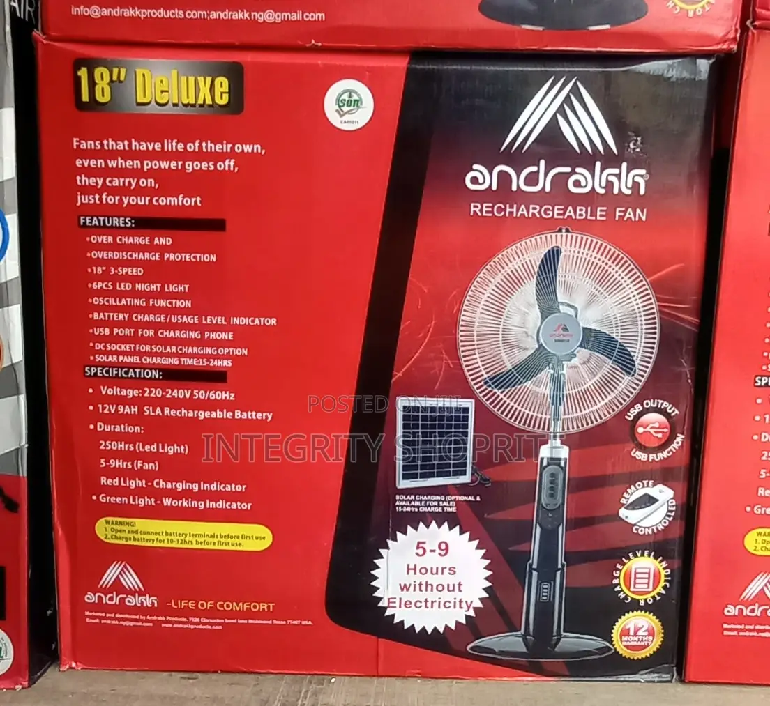 Andrakk 18" Rechargeable Deluxe Standing Fan