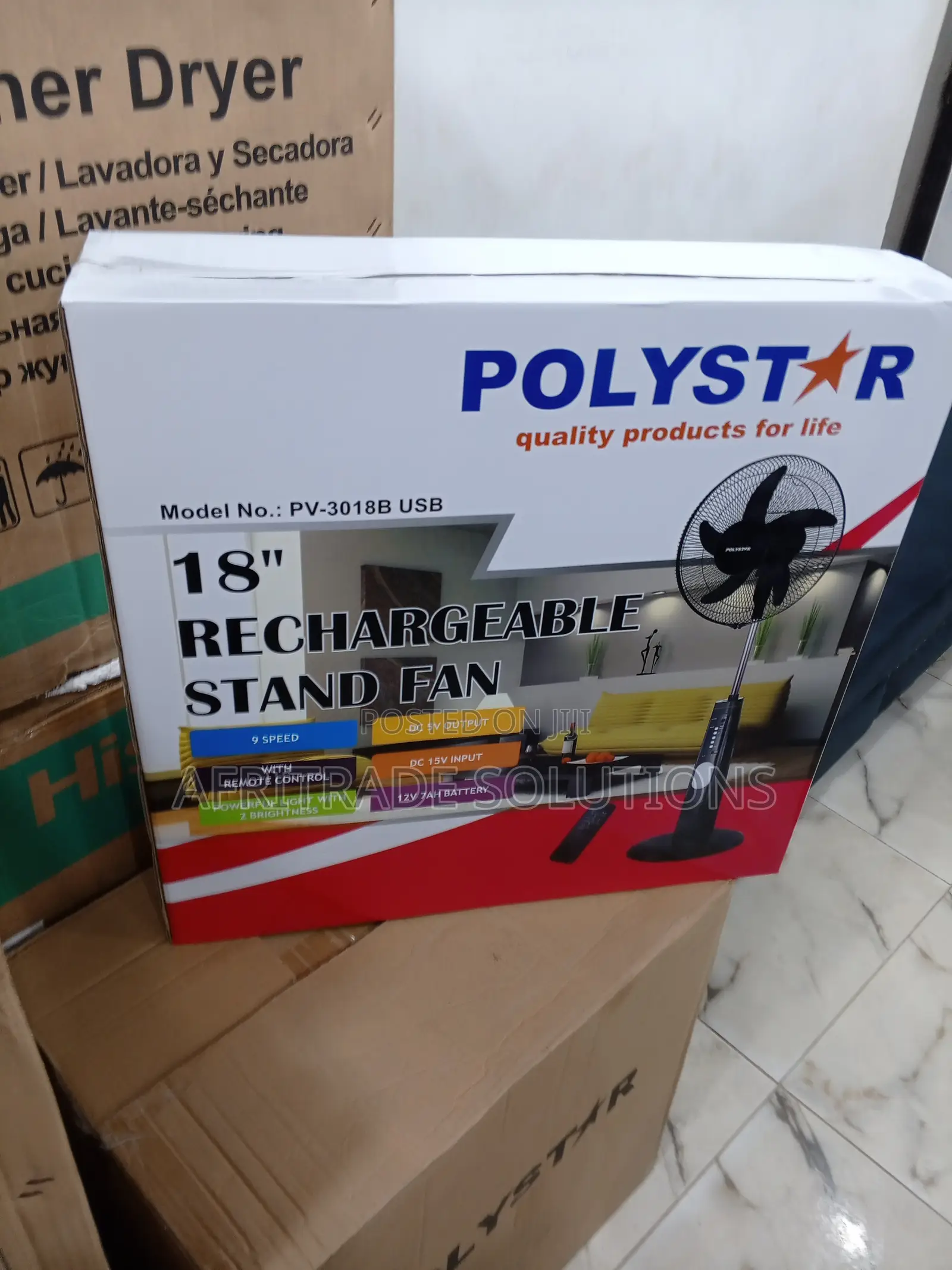Polystar 18 Inches Pv-3018b Rechargeable Fan- Up to 12hr