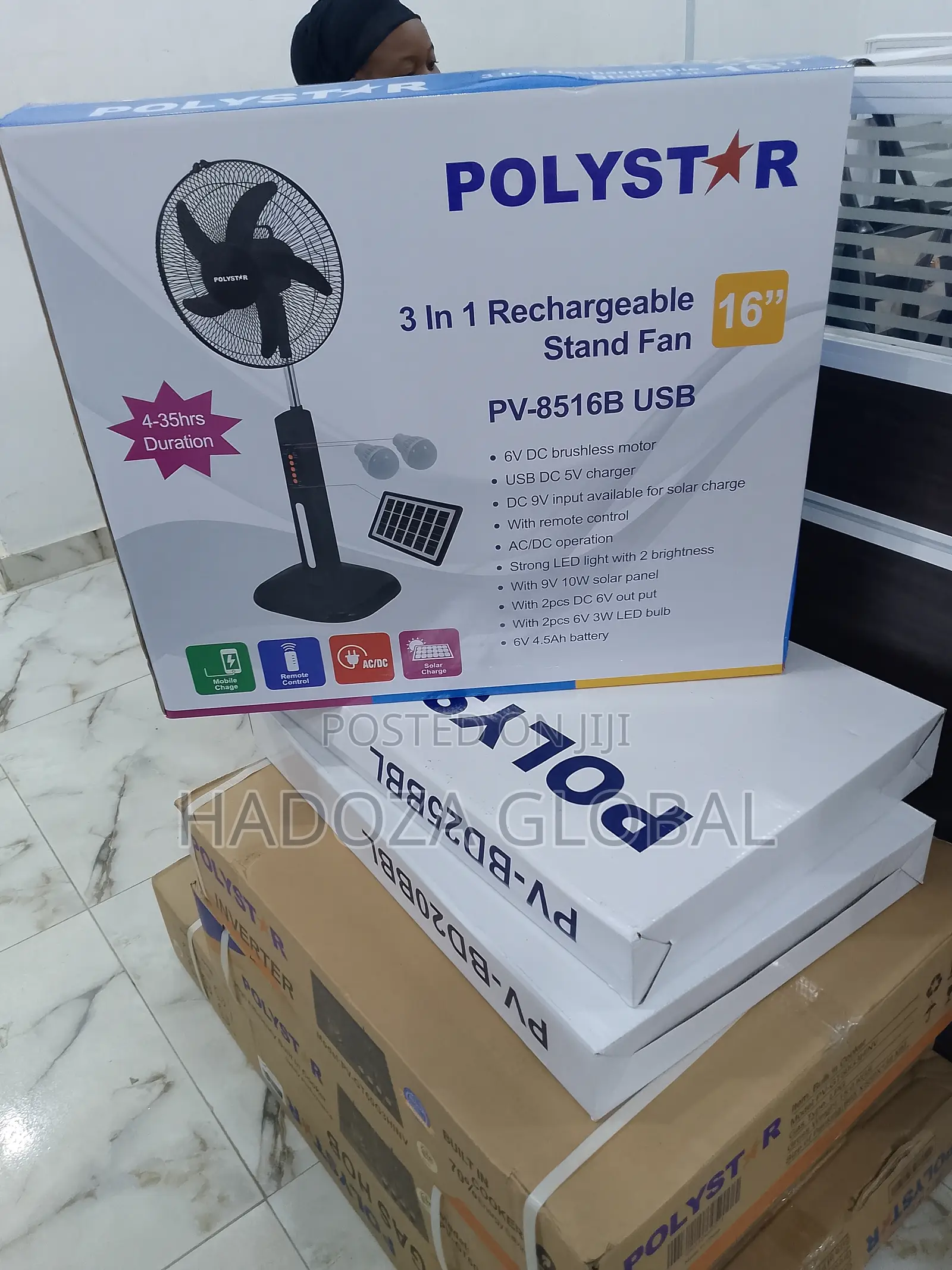 New 16" Polystar 3 in 1 Rechargeable Standing Fan -Affordabl