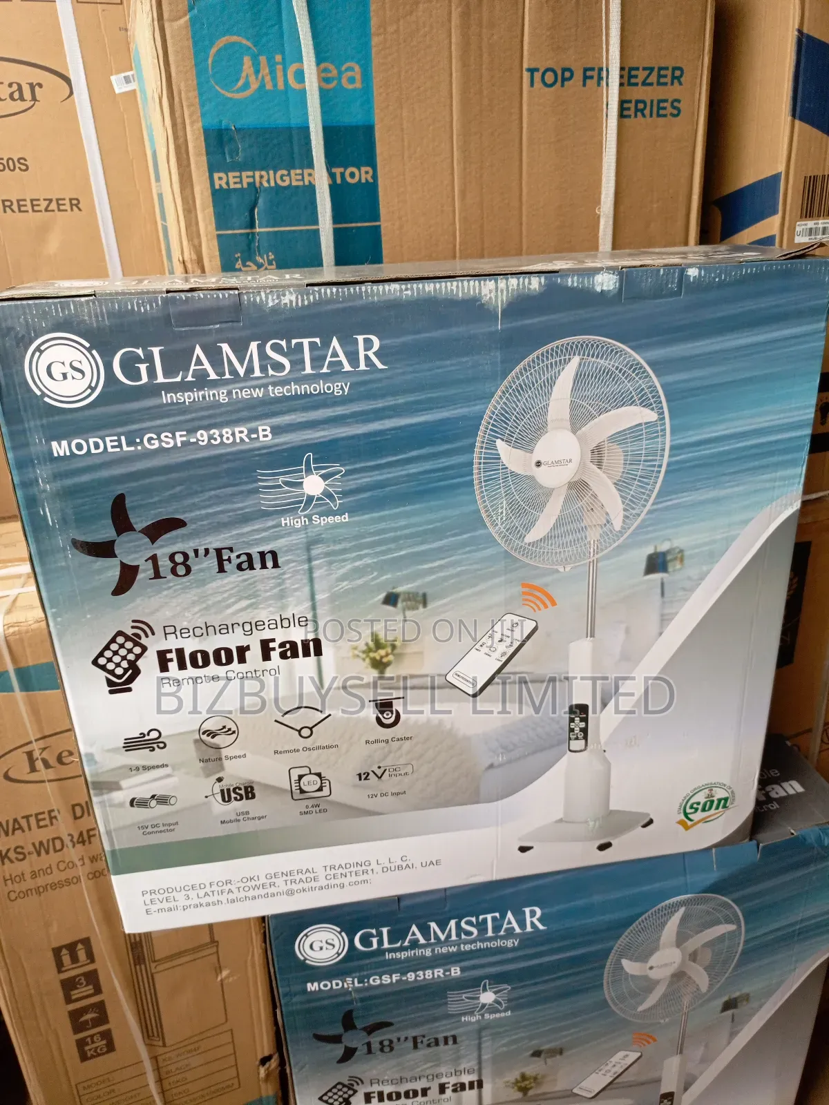 18" Glamstar Rechargeable Standing Fan With Remote Control.