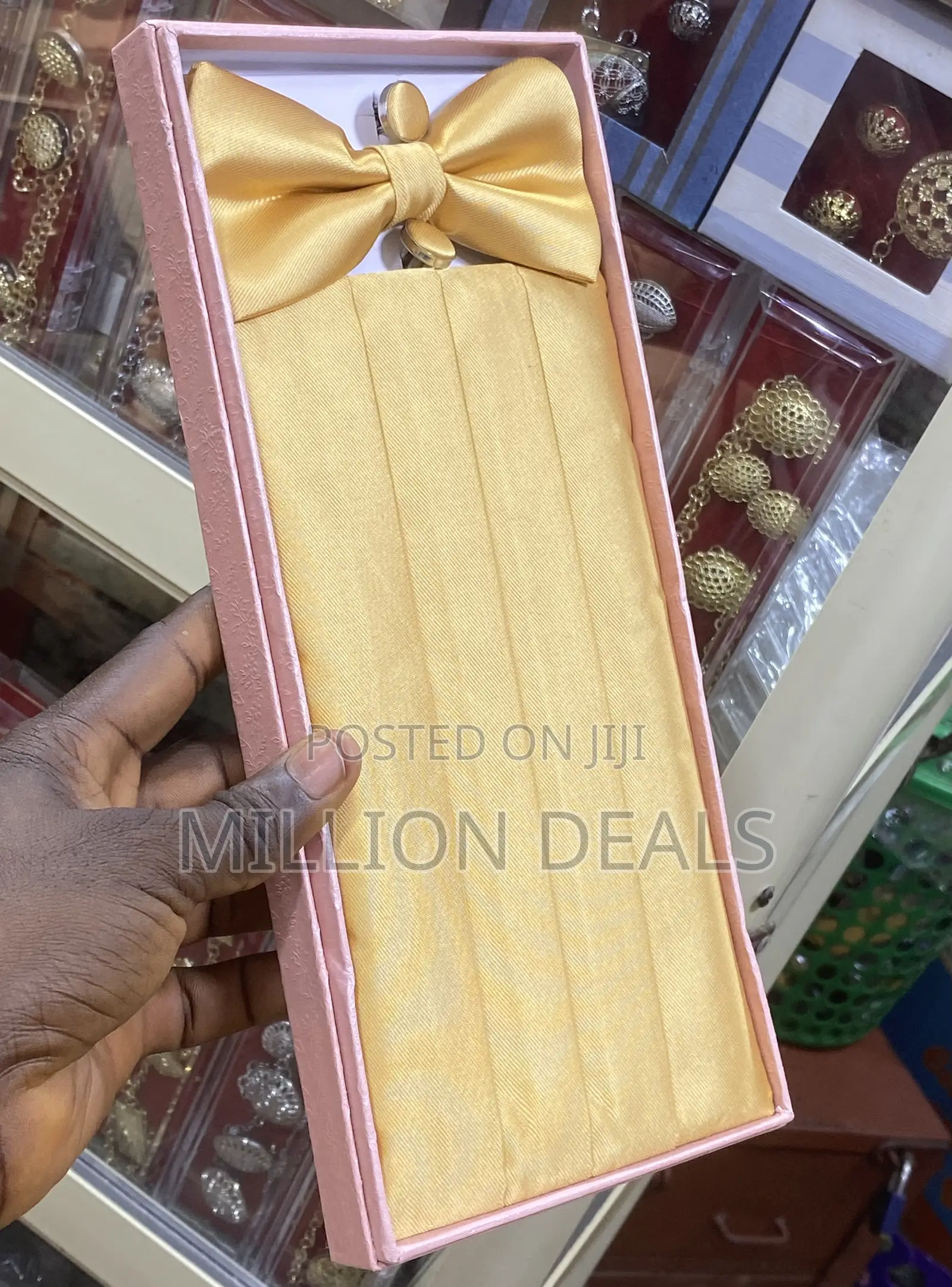 3-in-1 Luxury Plain Gold Cummerbund , Bow Tie N Cufflinks
