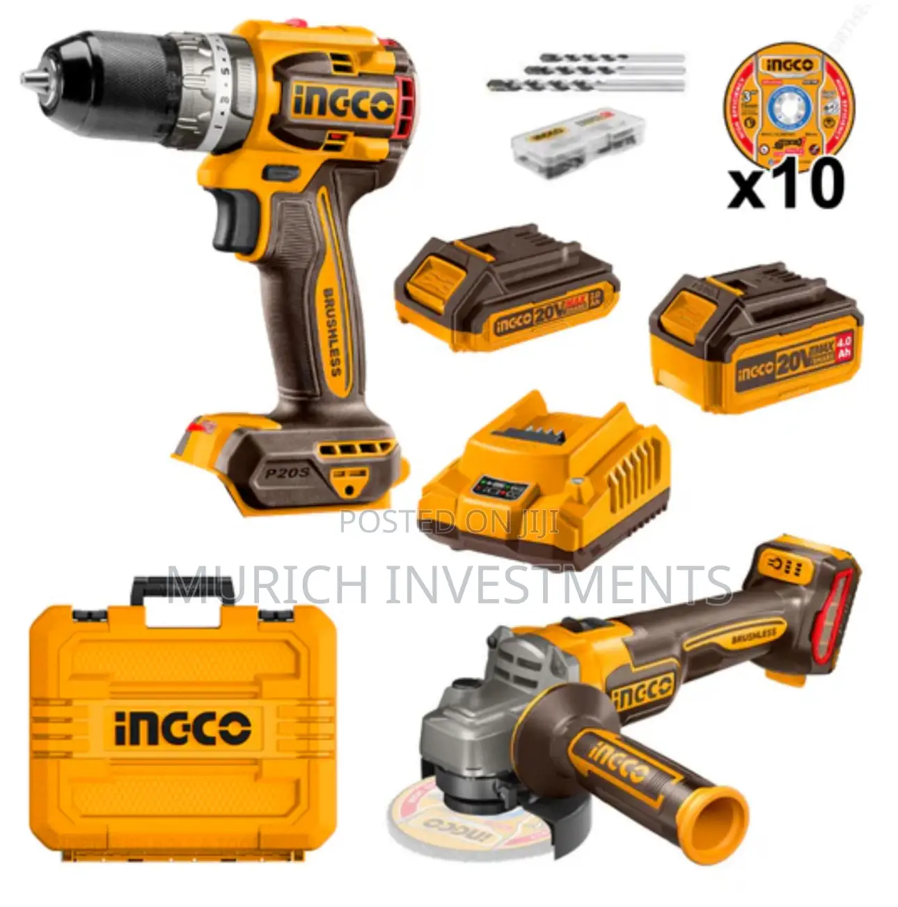 Ingco Cordless 20V Lithium-Ion Angle Grinder and Drill Kit