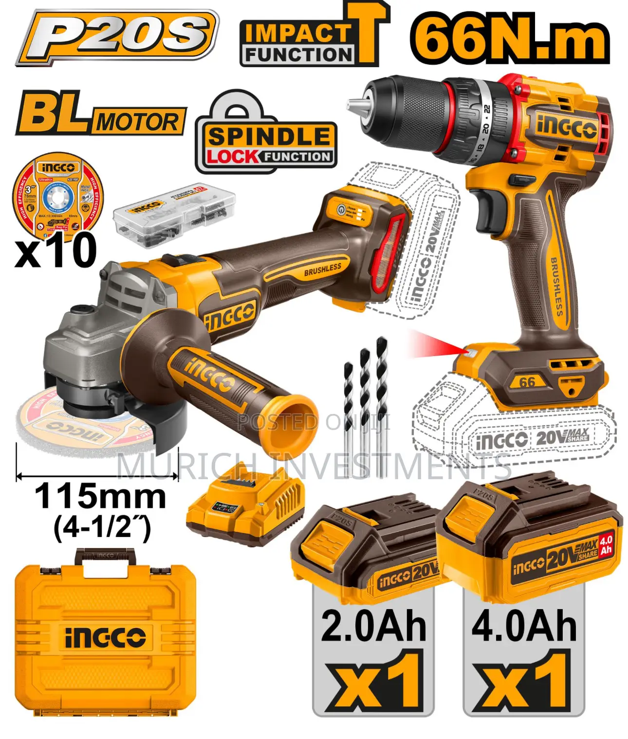 Ingco Cordless 20V Lithium-Ion Angle Grinder and Drill Kit