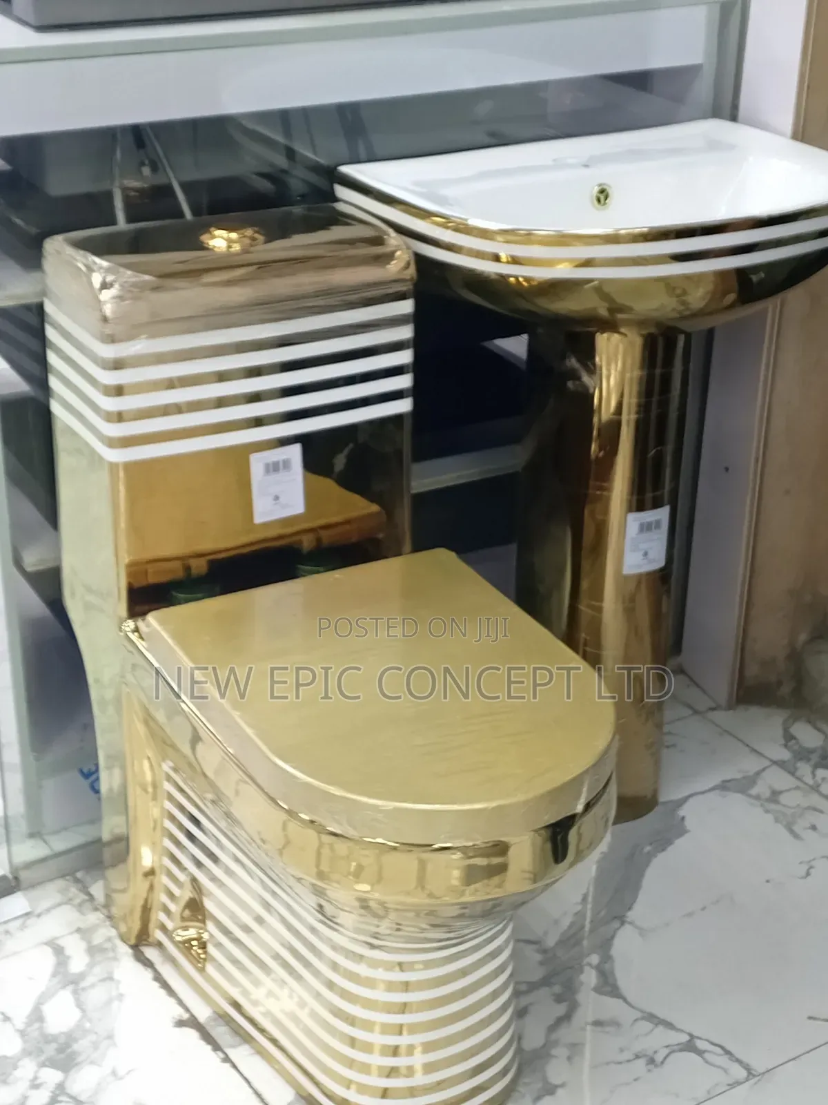 Gold And White Line Toilet Set