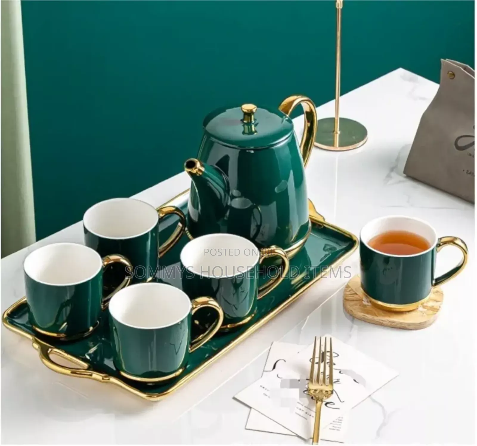 Luxury Ceramics Tea Cups, Kettle and Tray