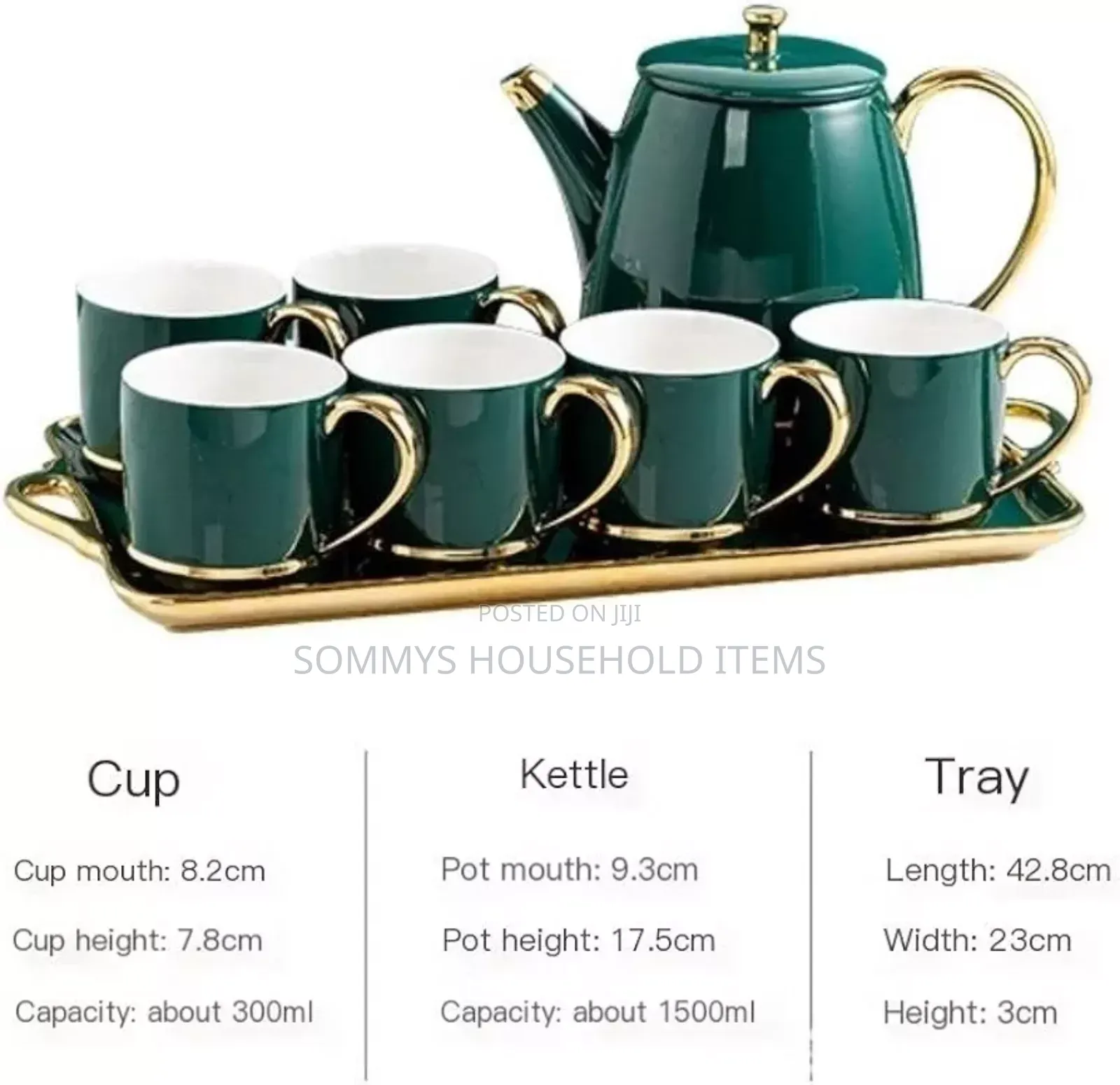 Luxury Ceramics Tea Cups, Kettle and Tray