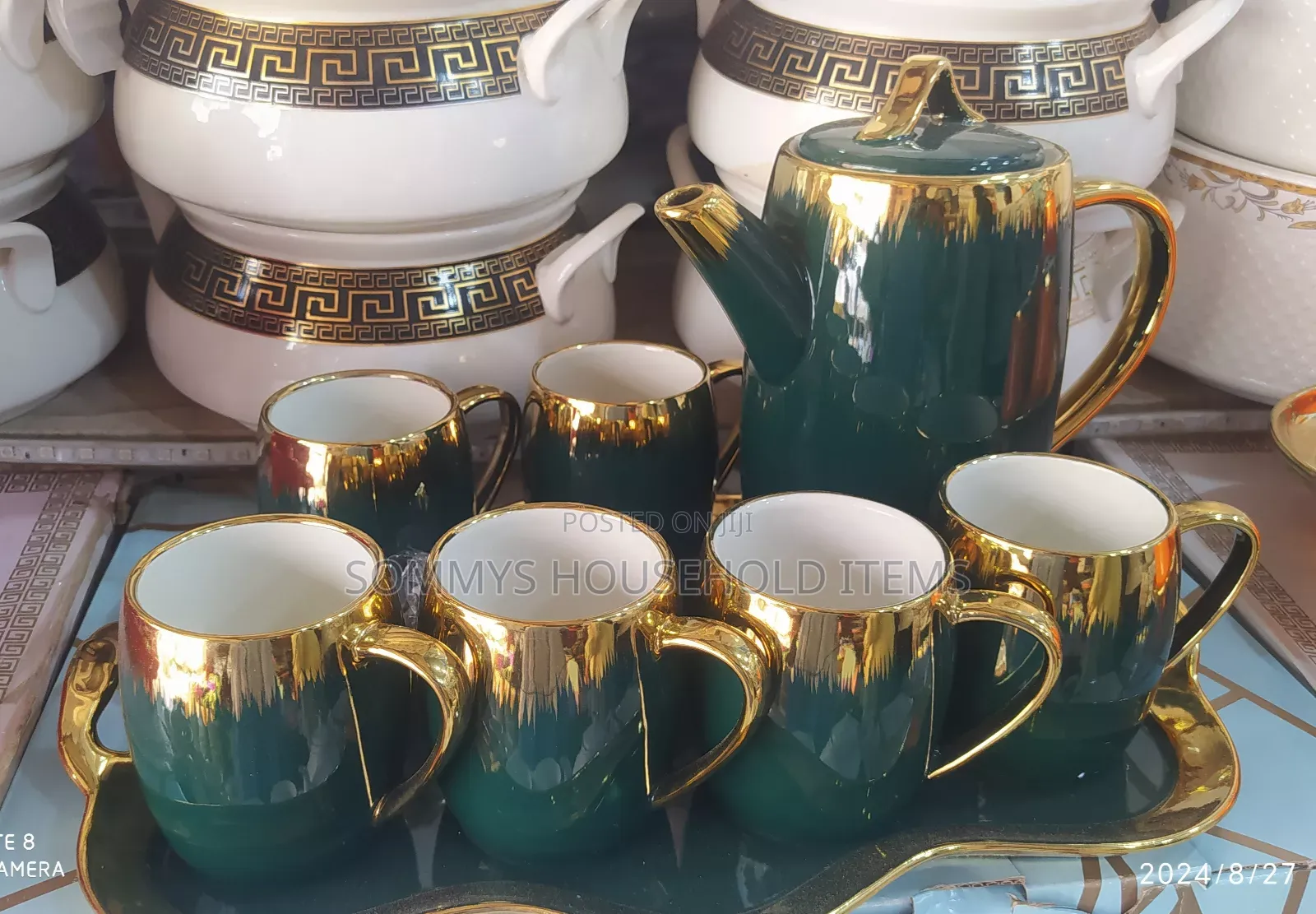 Luxury Ceramics Tea Cups, Kettle and Tray