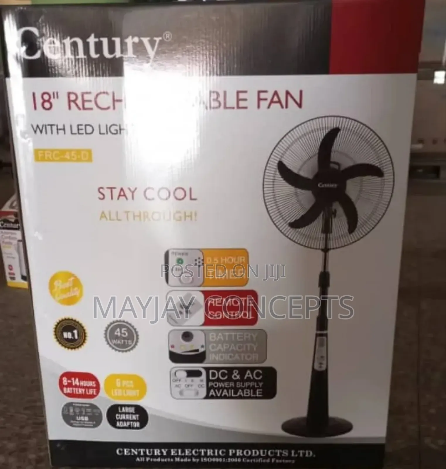 Century" 18" AC/DC Rechargeable Standing Fan-Supports Solar