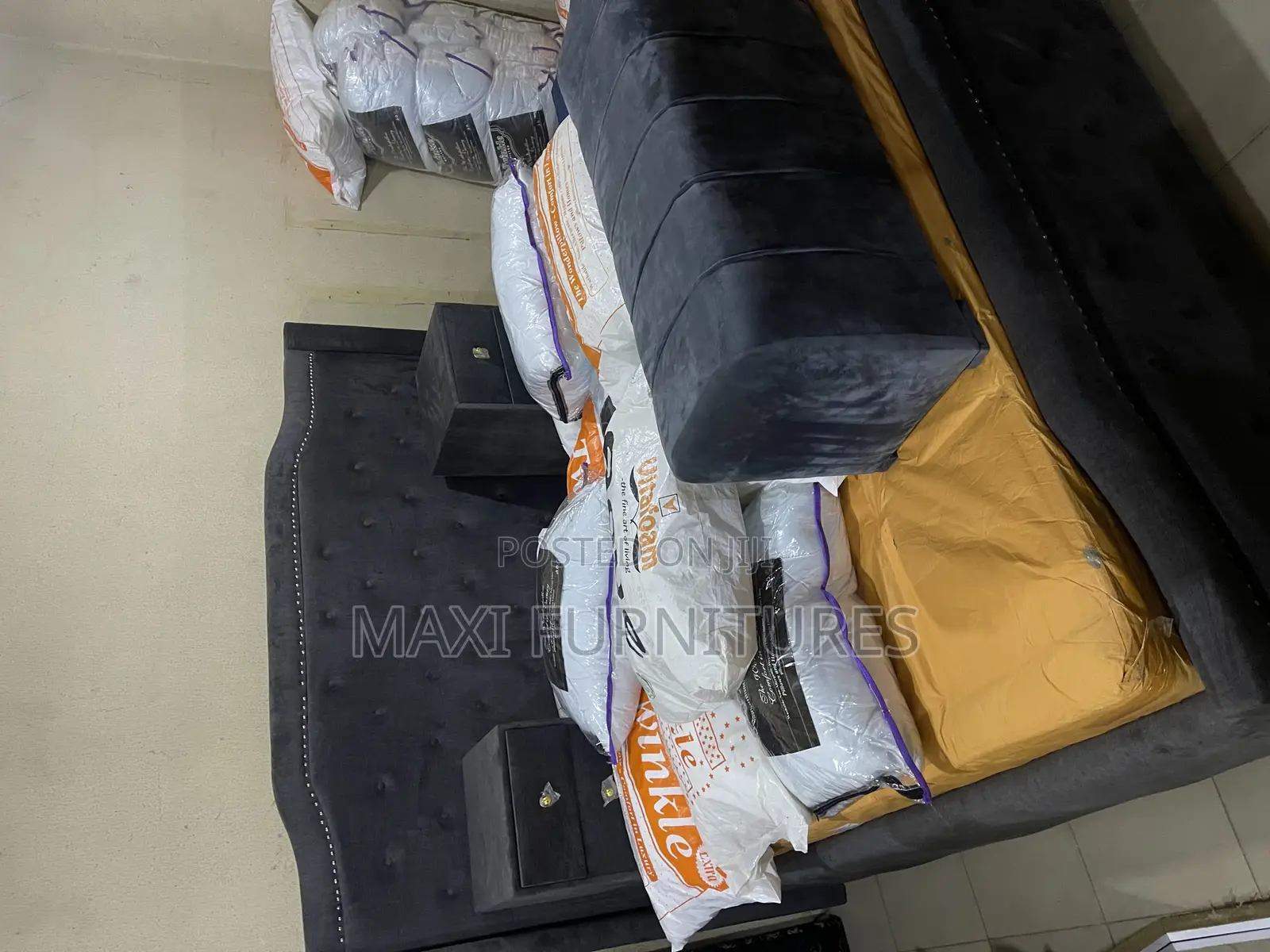 Quality Fabric Bed Frame With Two Side Cabinet