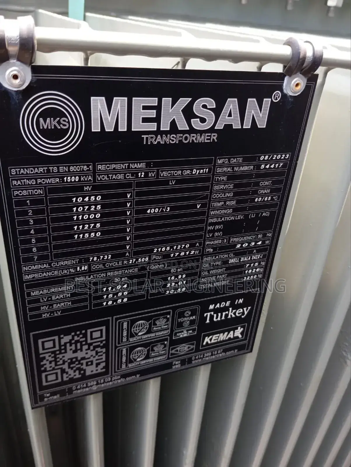 1500kva 11/0.400kv or 1.5mva 11/0.400kv Meksan Transformer