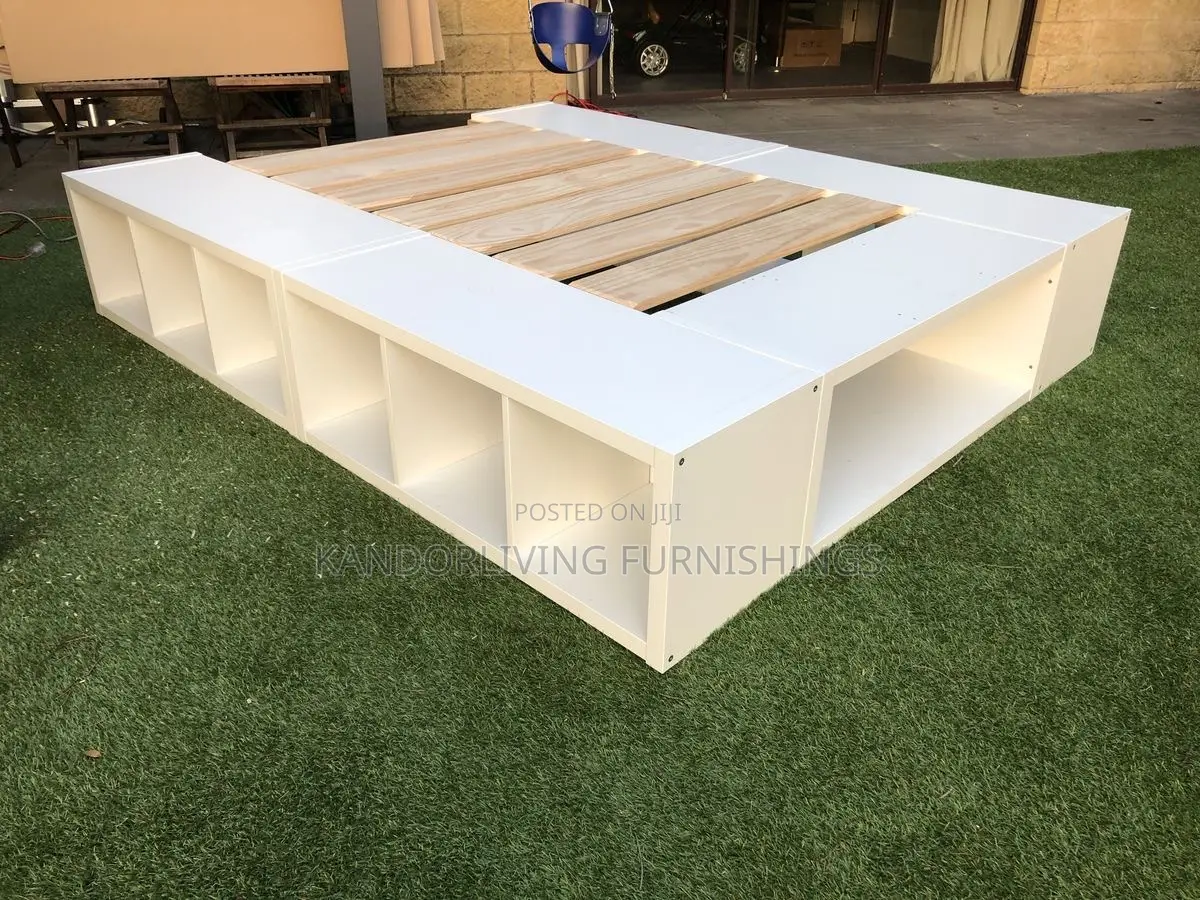 Wooden Bed Frame Seater With Side Shelves