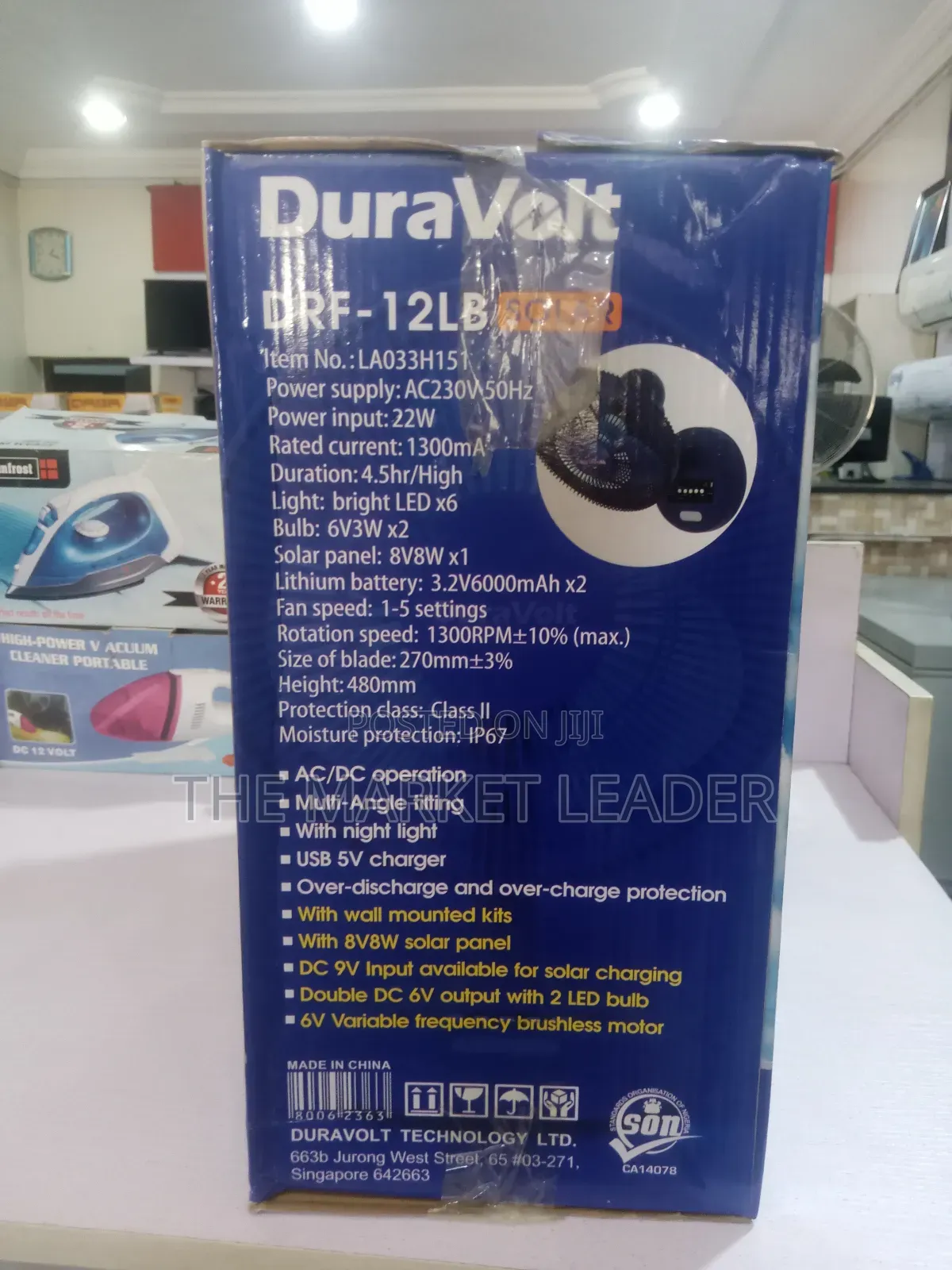 Duravolt 12 Inches 3 in 1 Rechargeable Fan