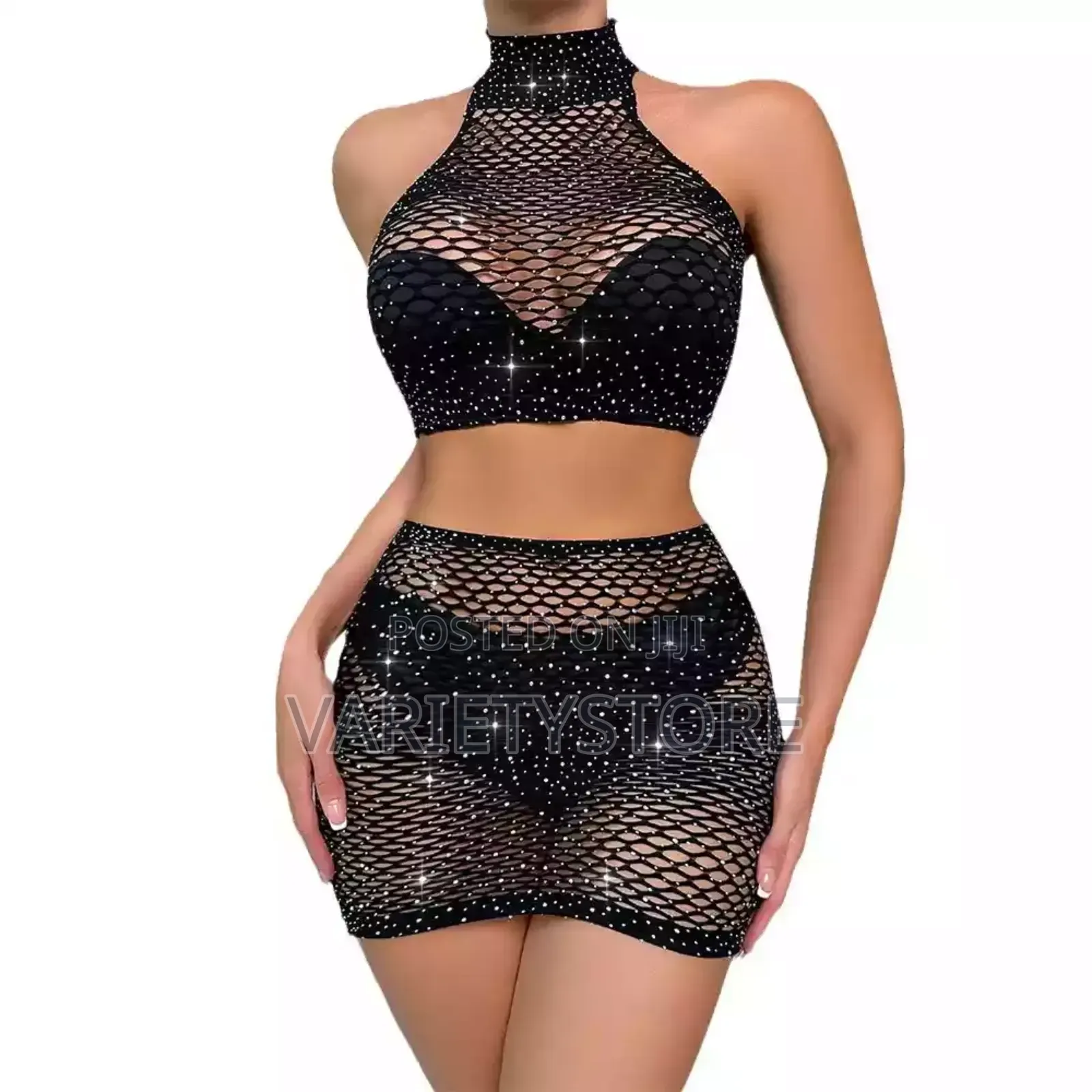 2 Piece Fishnet Halter-Neck Sleeveless Rhinestones Costume