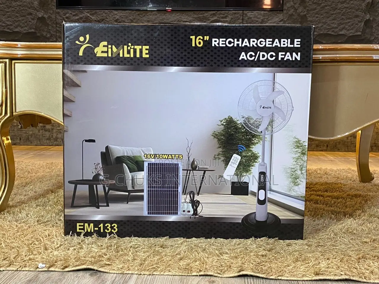 Eimilite 16 Inches Rechargeable Fan +Solar Panel + 2-Bulbs