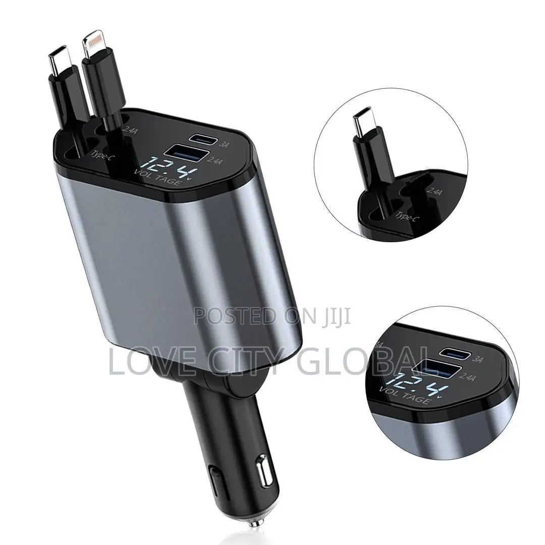 4in1 3ft Retractable 66w Fast Car Charger Usb a and Usb C