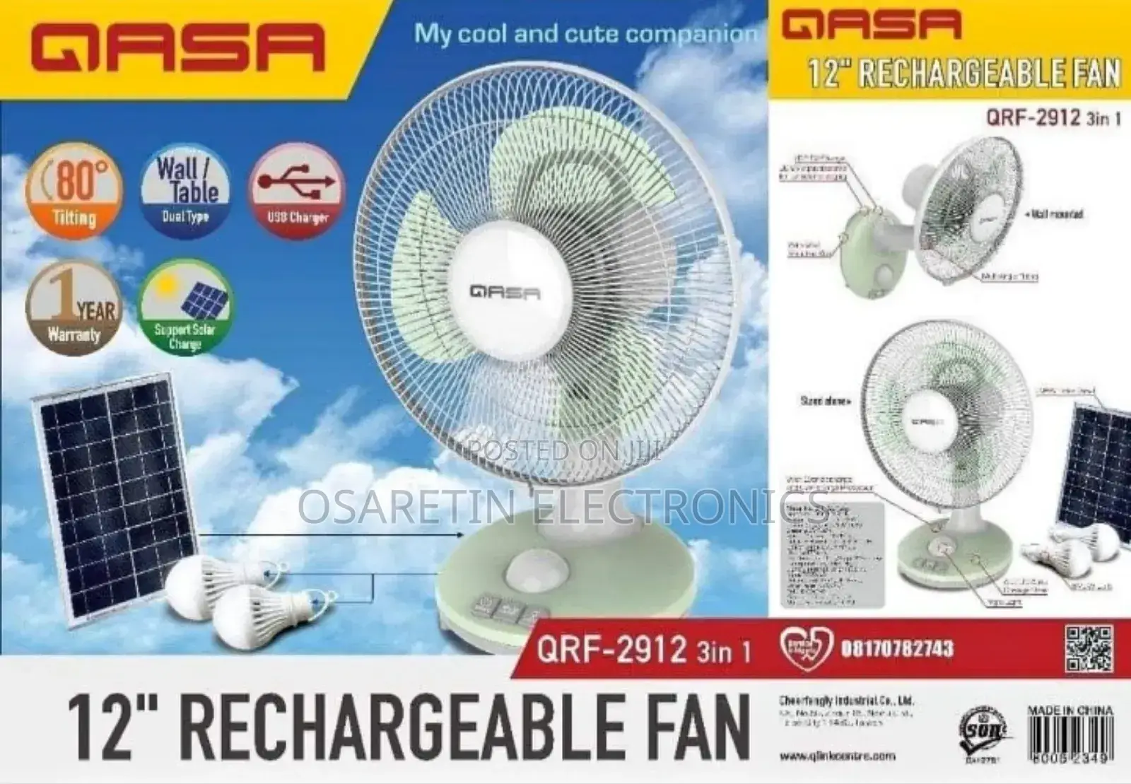 Qasa 12 Inches Rechargeable Fan With Panel and Bulbs