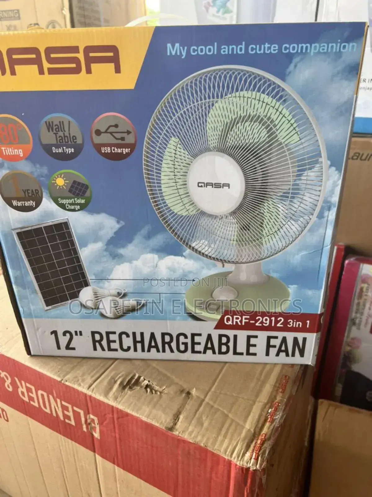 Qasa 12 Inches Rechargeable Fan With Panel and Bulbs