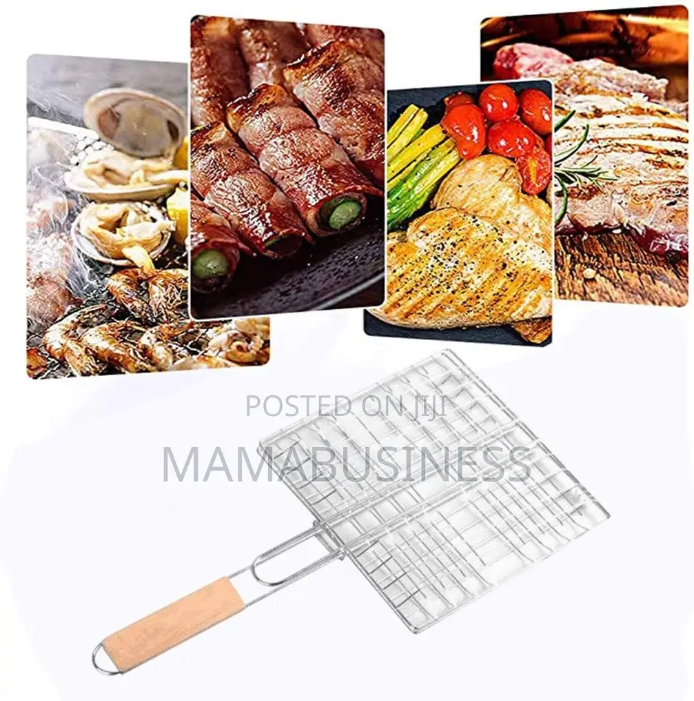 Barbecue Grill Basket With Wood Handle Stainless Steel Wire