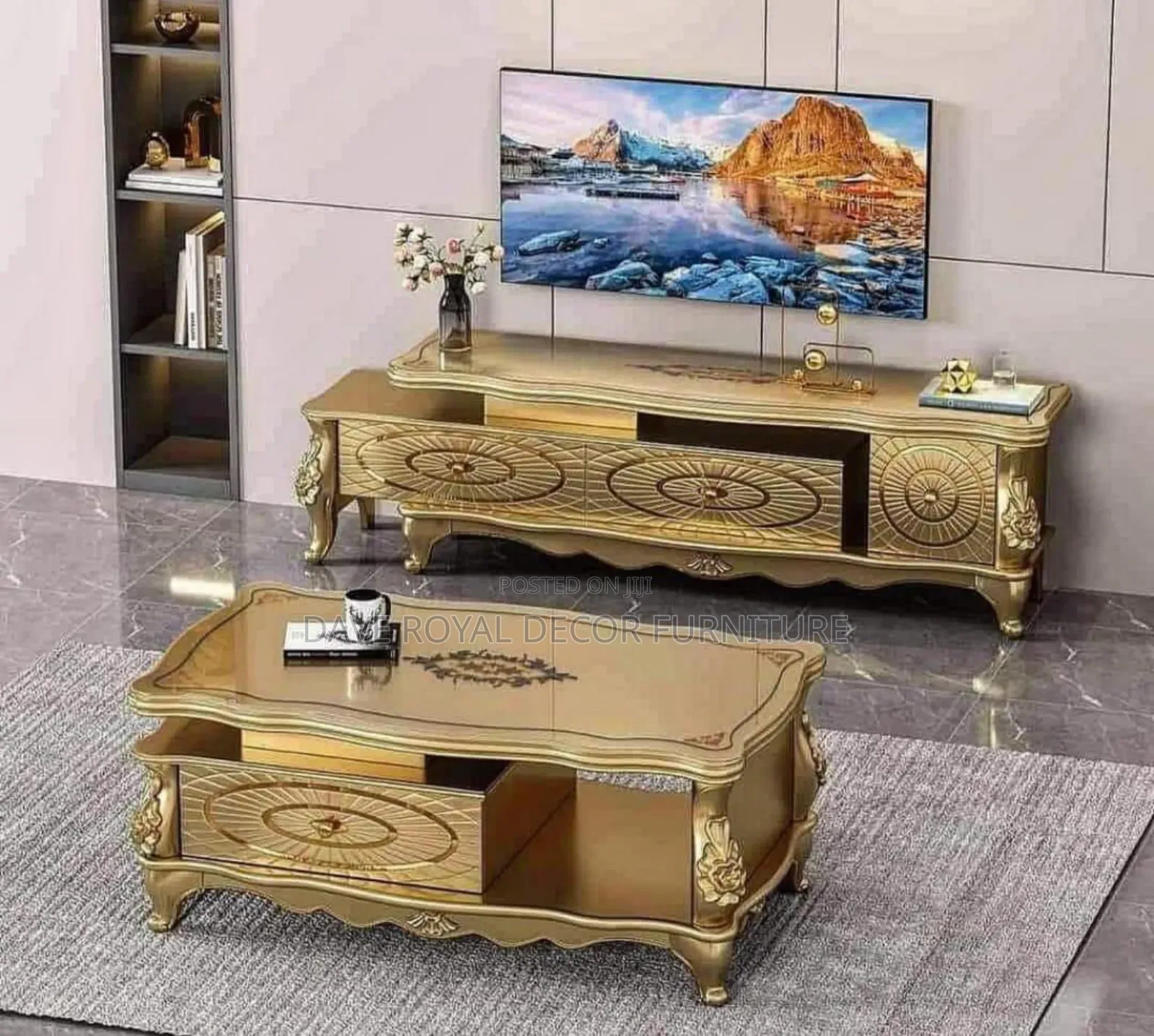 Royal Gold Color Tv Stand and Center Table Set.