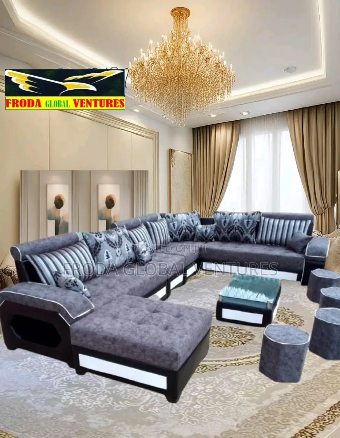 Set of 9 Seaters U-Shape Sofa Chairs With Table and Stools. Lid01