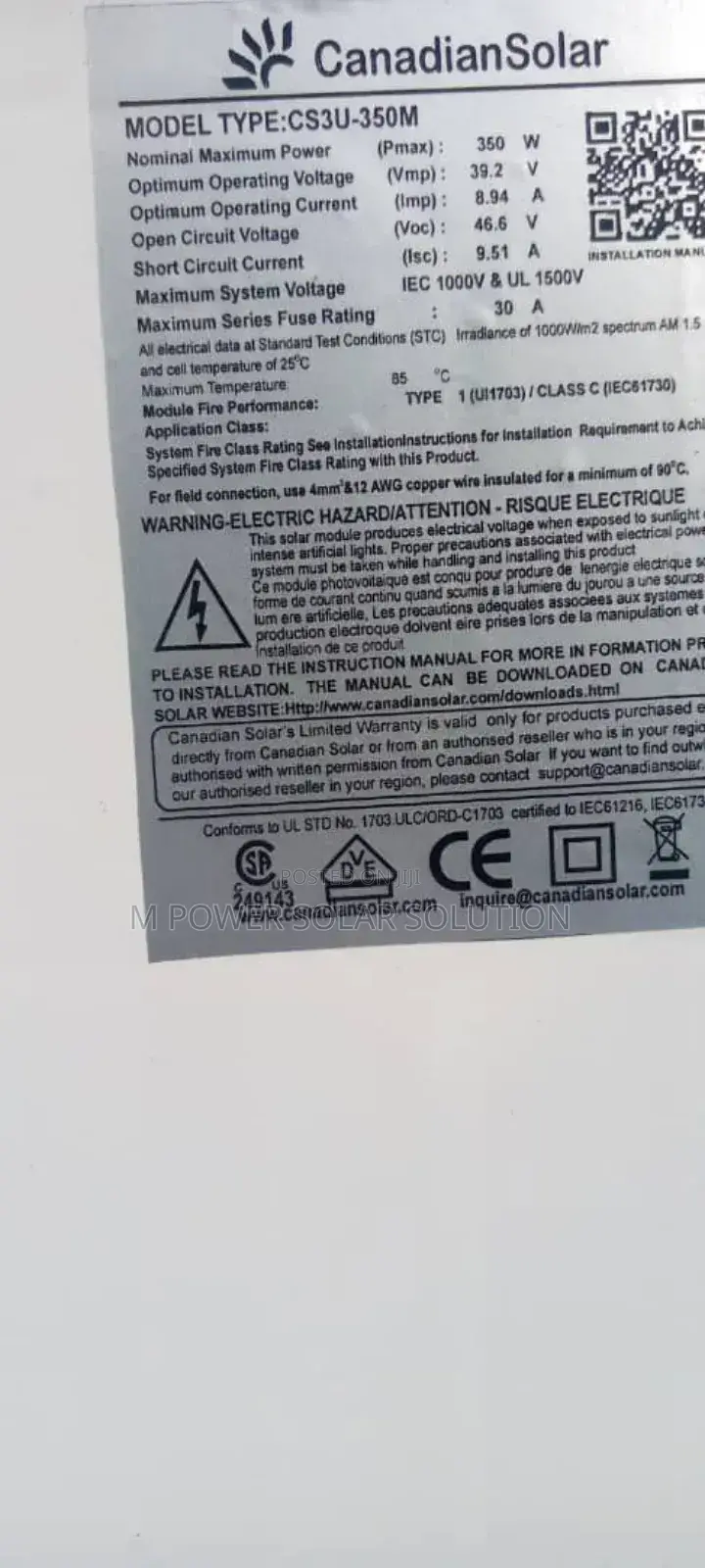 350w 72cells Canadian Solar Panel