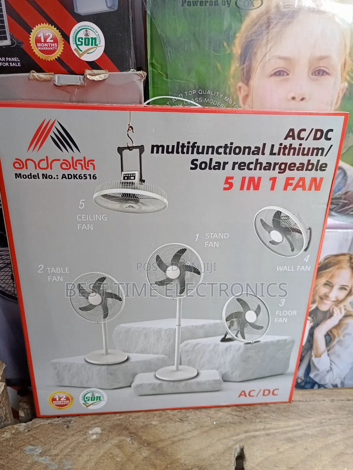 16" Andrakk 5 in 1 Rechargeable Fan, Humidifier and Solar