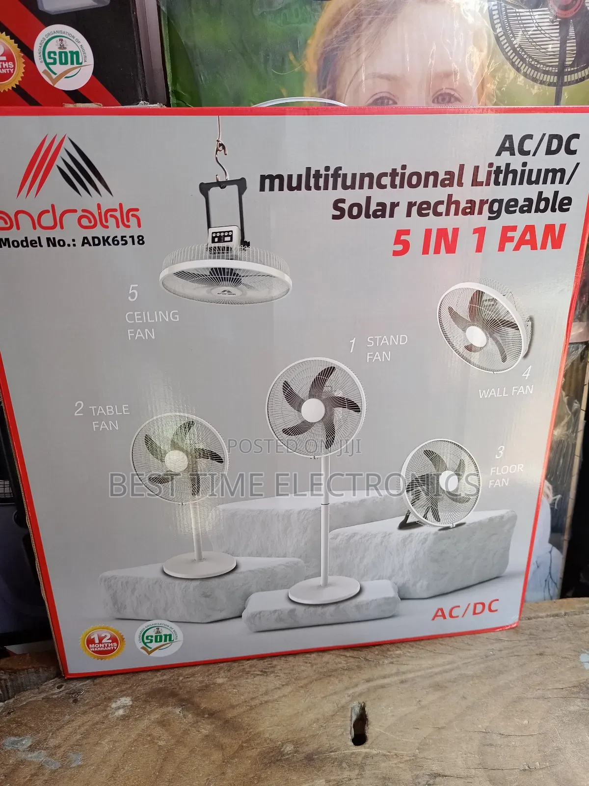 18" Andrakk 5 in 1 Rechargeable Standing Fan
