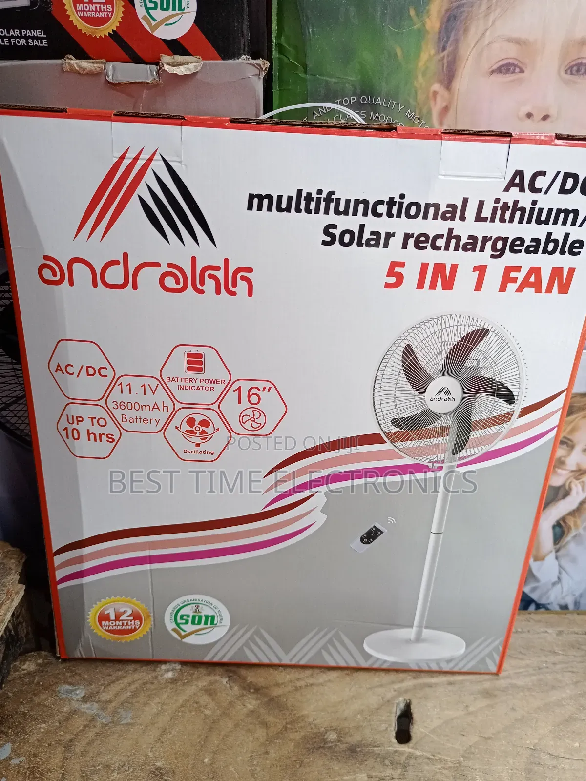 16" Andrakk 5 in 1 Rechargeable Fan, Humidifier and Solar