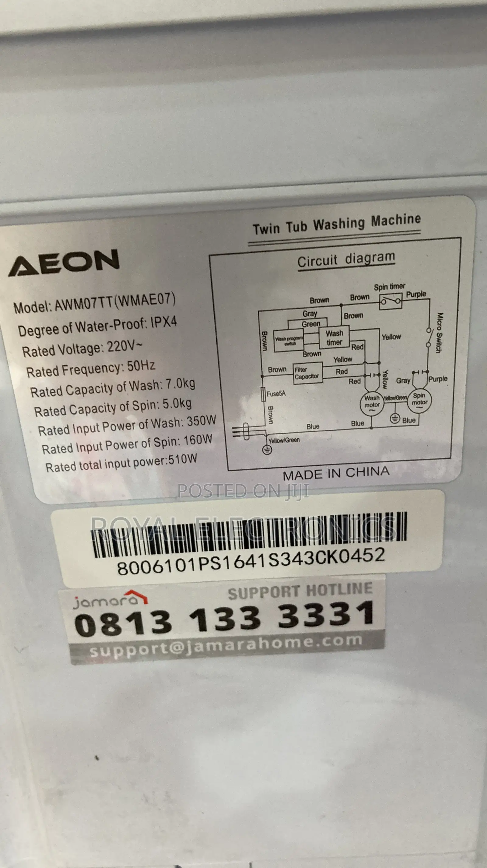 Aeon Twin Tub Washing Machine 7.0kg Wash Capacity Awn07tt