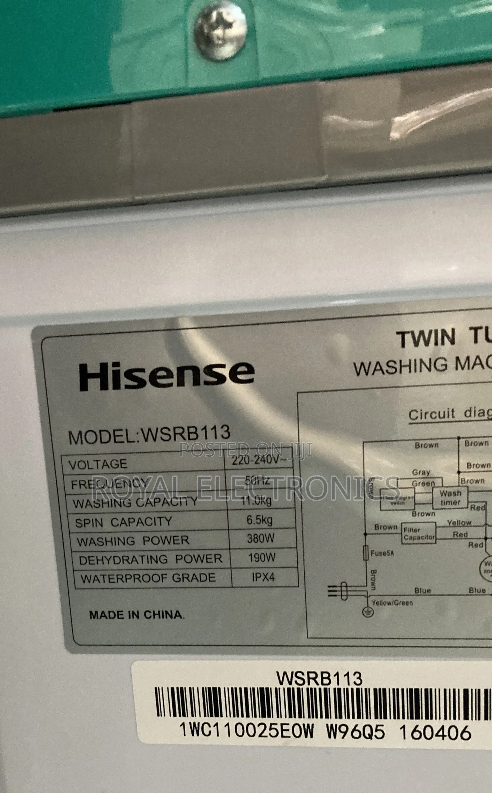 Brand New Hisense Twin Tub Washing Machine 11.0kg Wsrb113