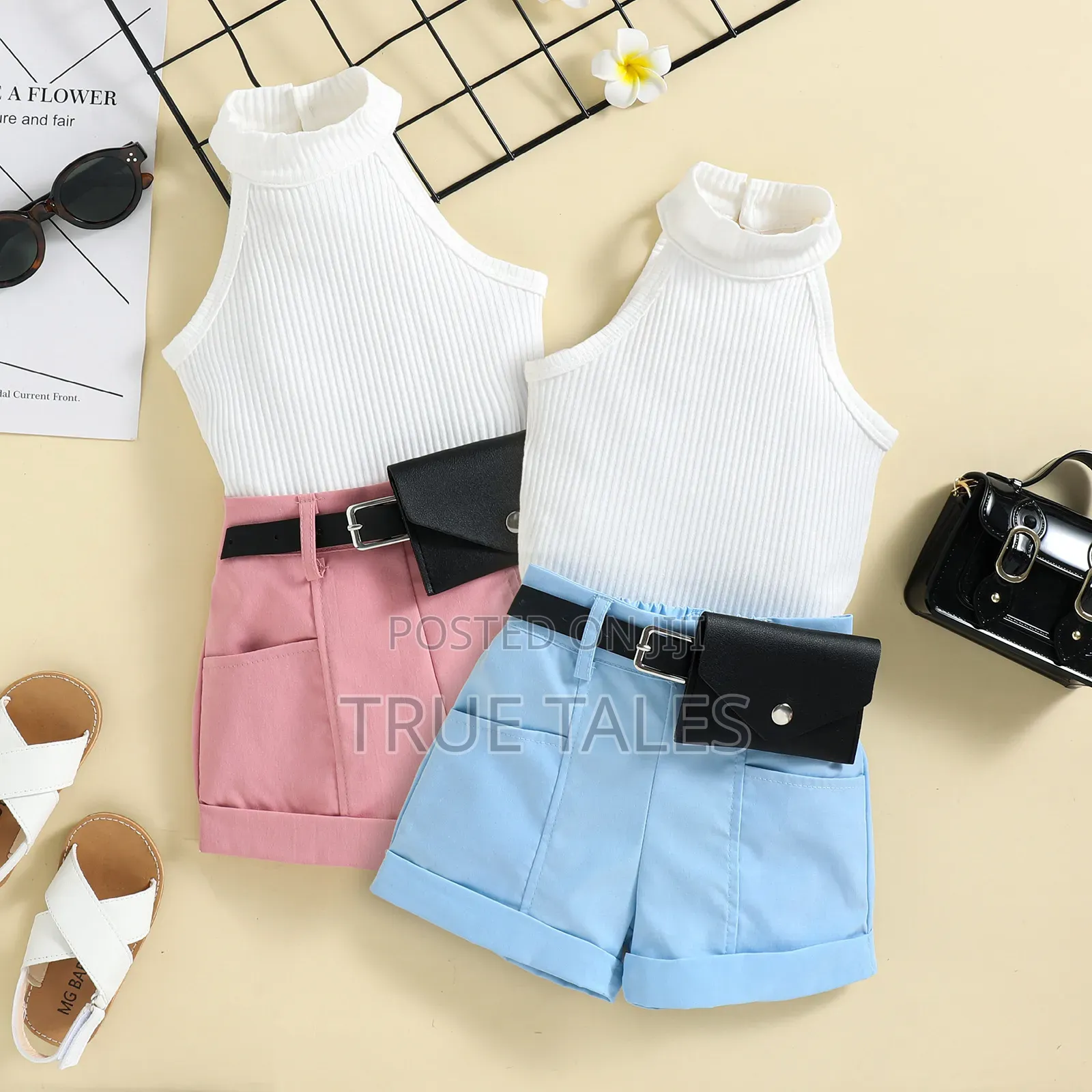 Girl's Halter Neck Top Shorts Set With Waist Bag