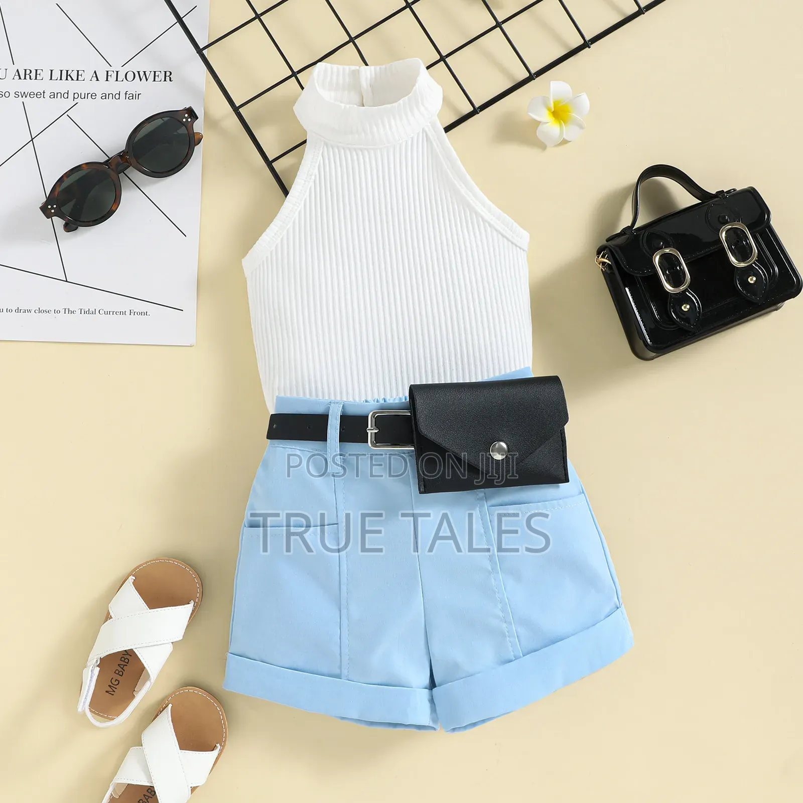Girl's Halter Neck Top Shorts Set With Waist Bag