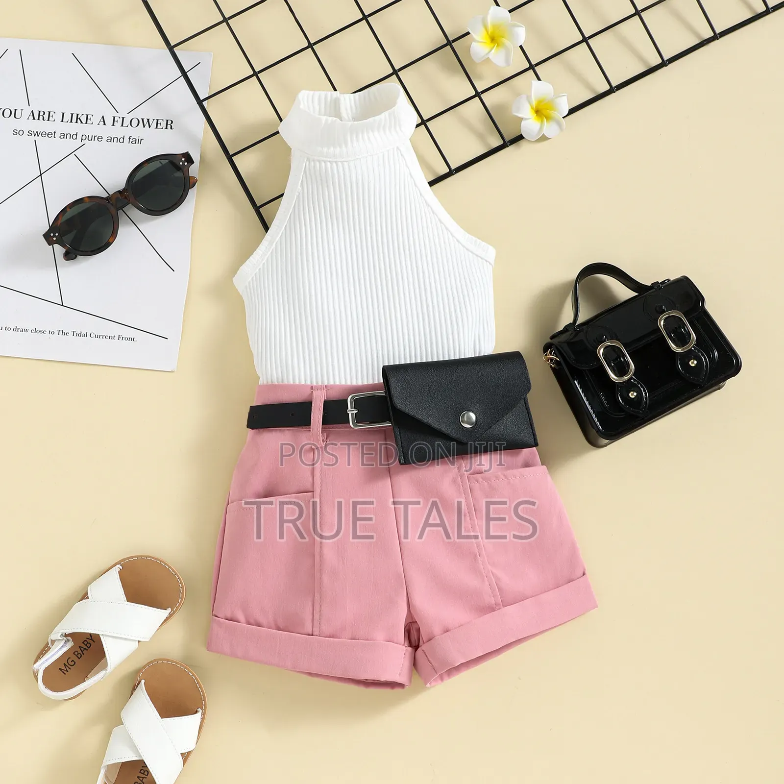 Girl's Halter Neck Top Shorts Set With Waist Bag