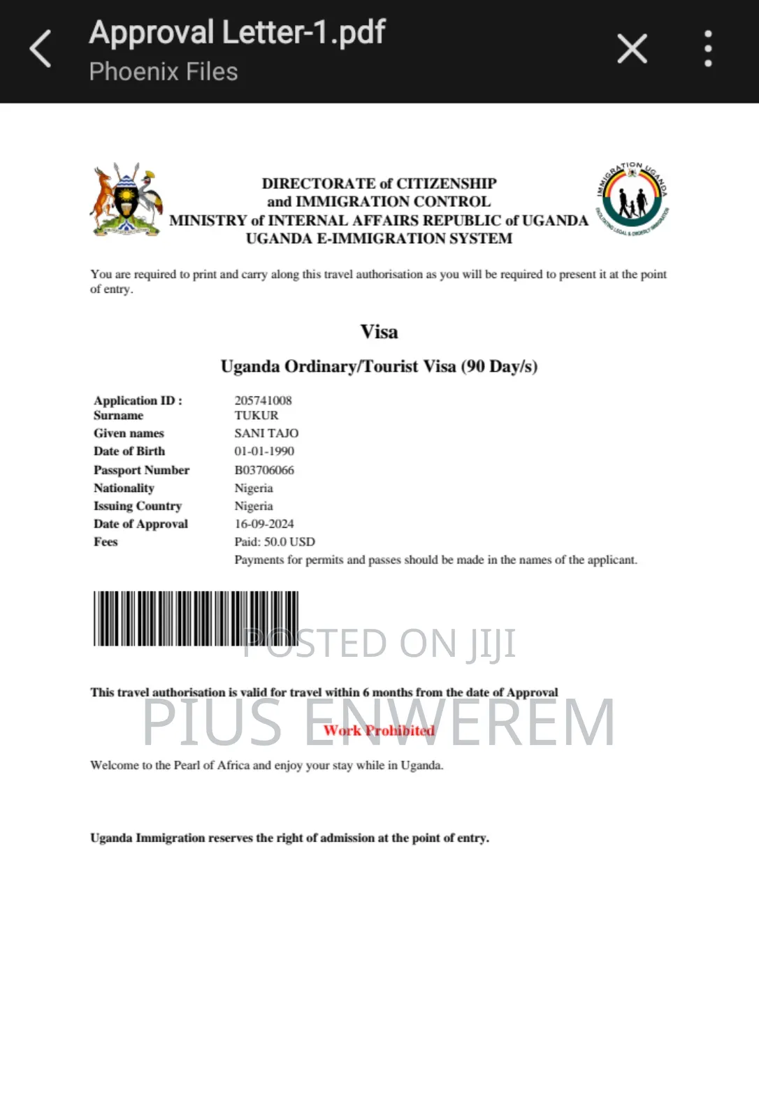 Uganda 6 Months Visa 100%