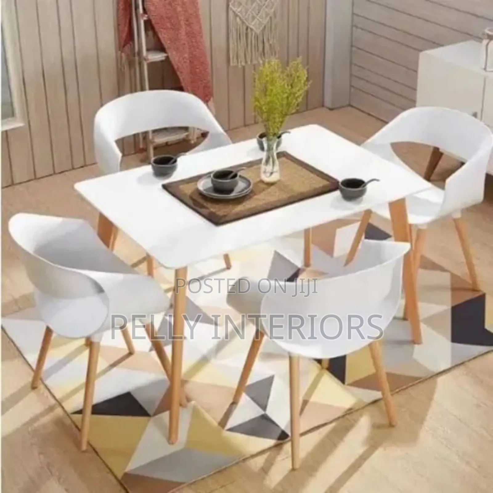 Set of 4 Wood Legs Dining Chairs and Table - White