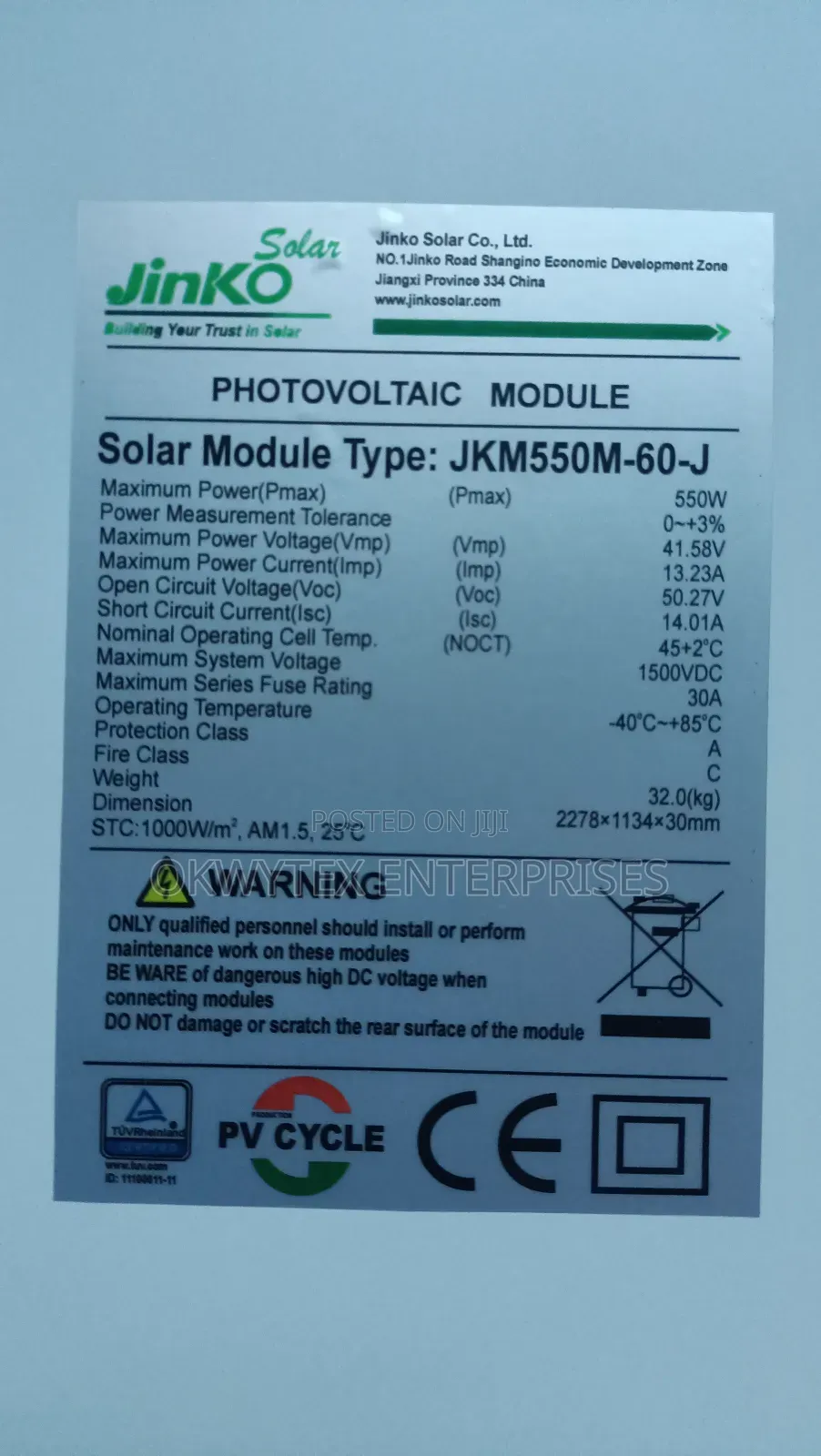 550watts Jinko Mono Solar Panel 25years Warranty