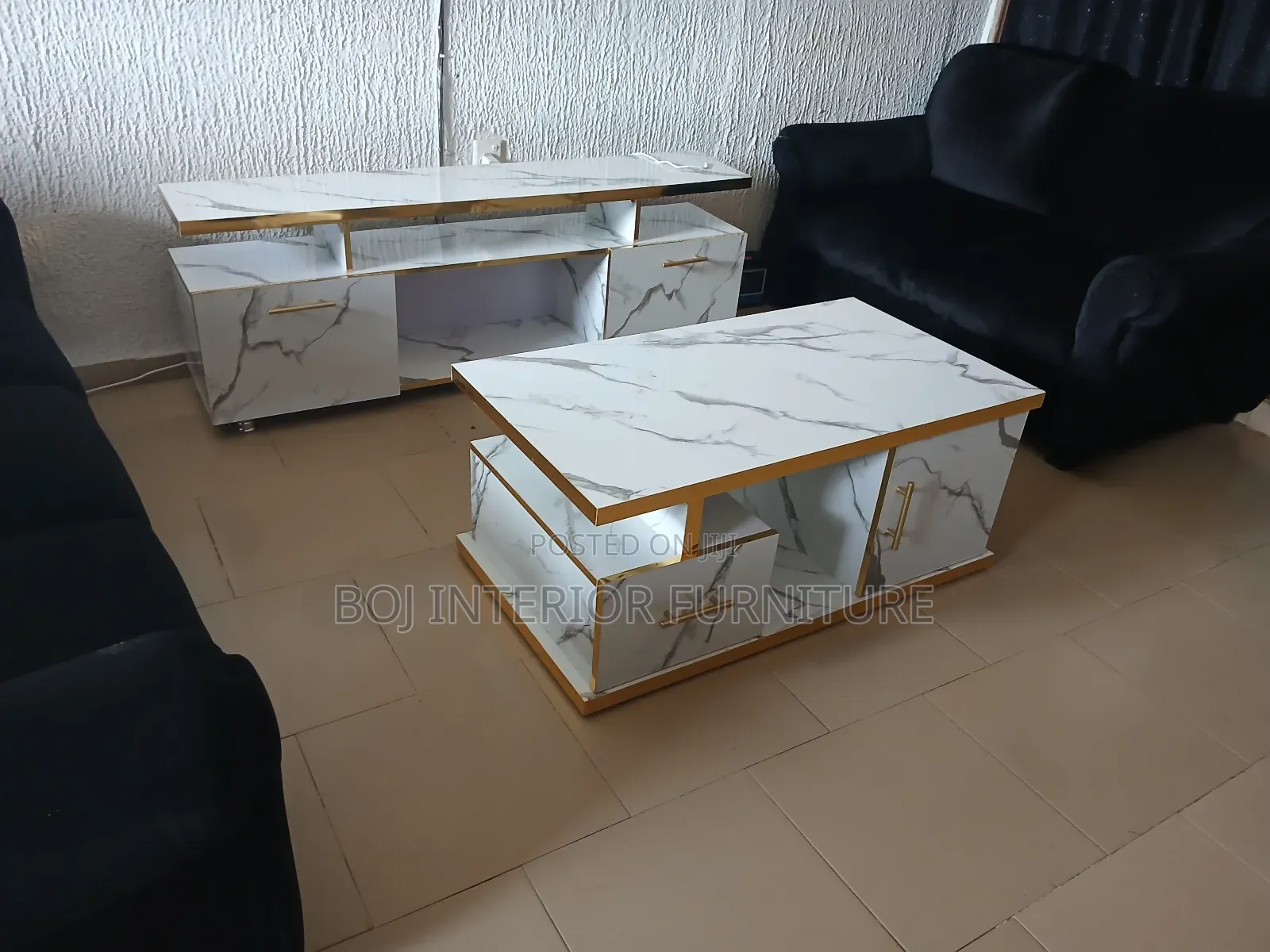 Center Table and Tv Stand White and Gold Finish